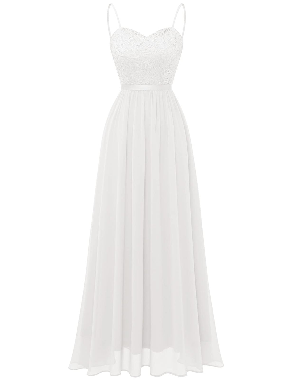 DRESSTELLS Women's Sleeveless Evening Dresses Chiffon Lace Bridesmaid Dresses Vintage Cocktail Dresses Festive Elegant Ball Gown with Spaghetti Straps White Size-S