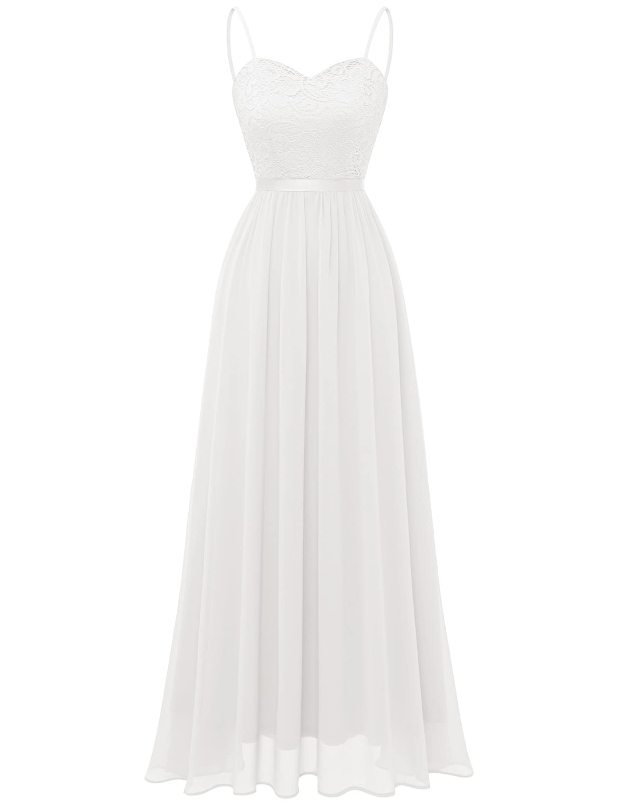 DRESSTELLS Women's Sleeveless Evening Dresses Chiffon Lace Bridesmaid Dresses Vintage Cocktail Dresses Festive Elegant Ball Gown with Spaghetti Straps White Size-S