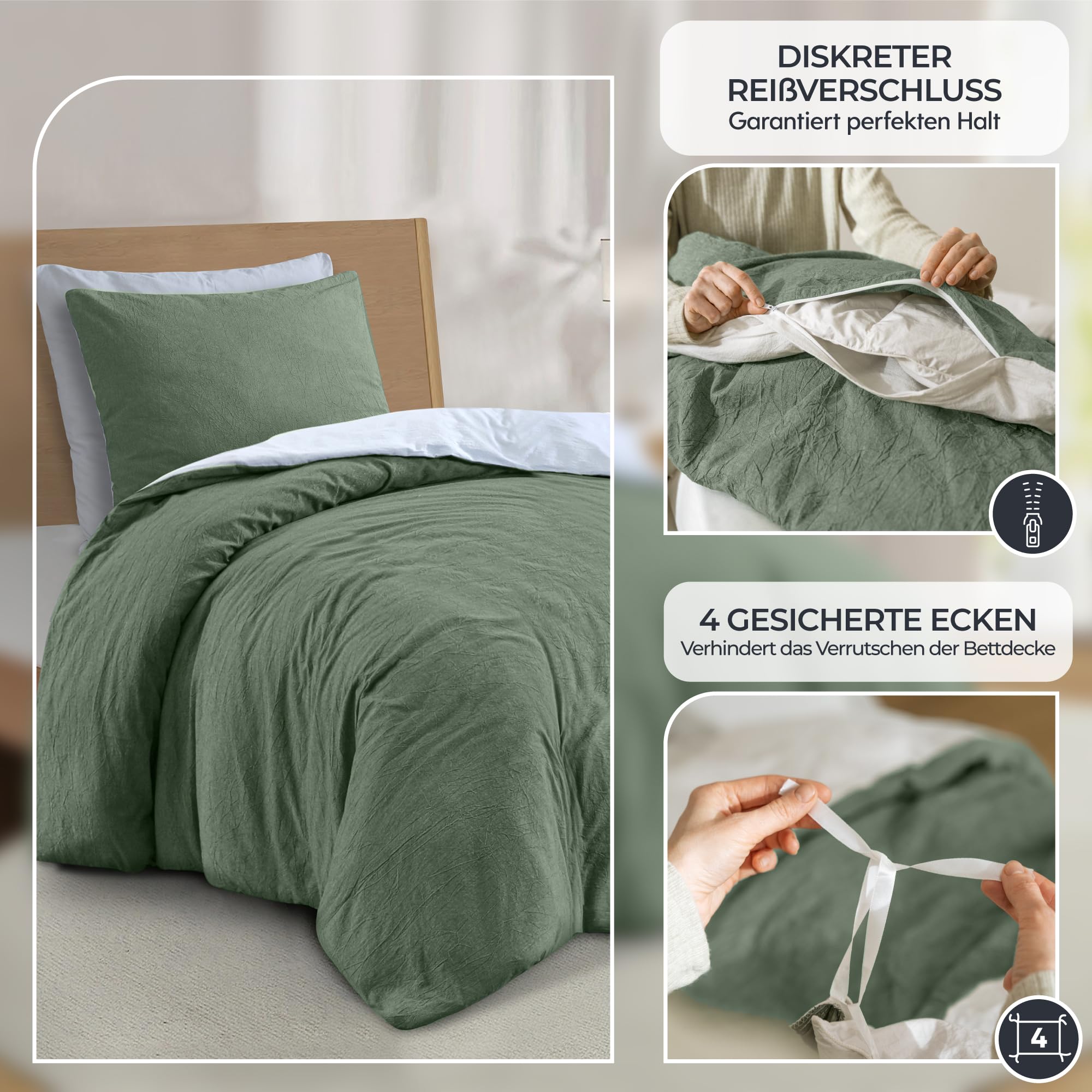 Dreamzie Bedding 135x200 Cotton, Bedding Sets Green with Zipper, Similar Texture to Stone Washed Linen, Includes 1 Duvet Cover 135x200 and 1 Pillowcase 80x80