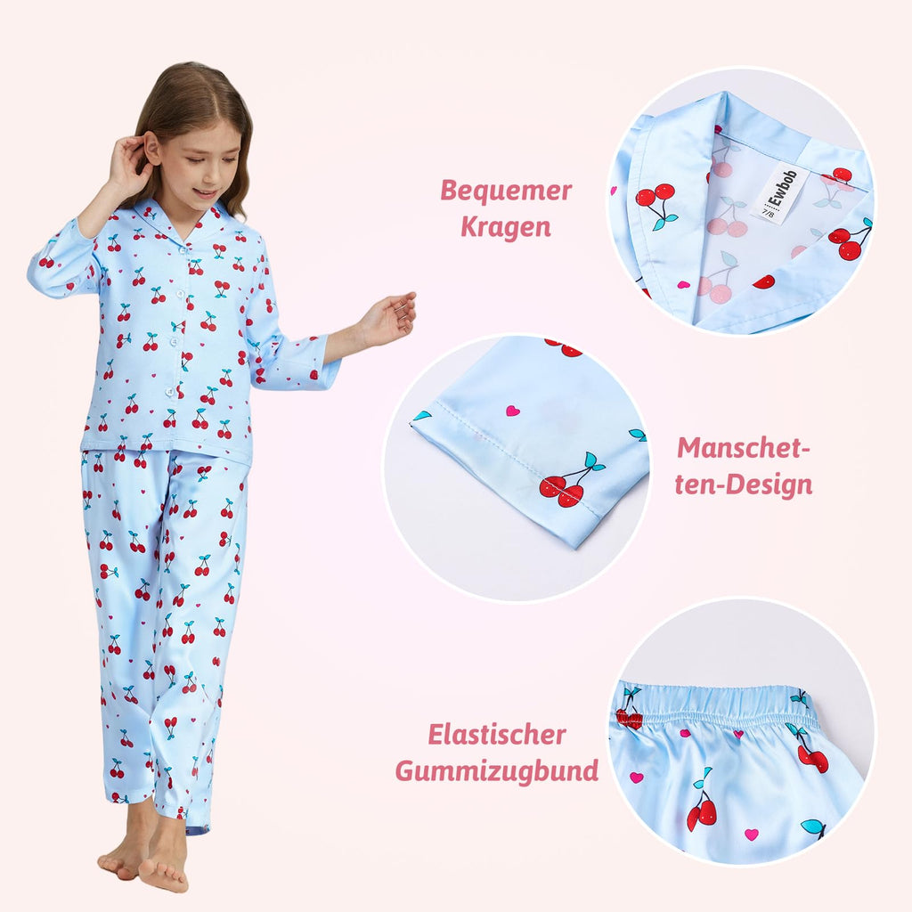Girls Long-Sleeve Pyjama Set Satin Autumn/Winter – Blue 5-6 Years