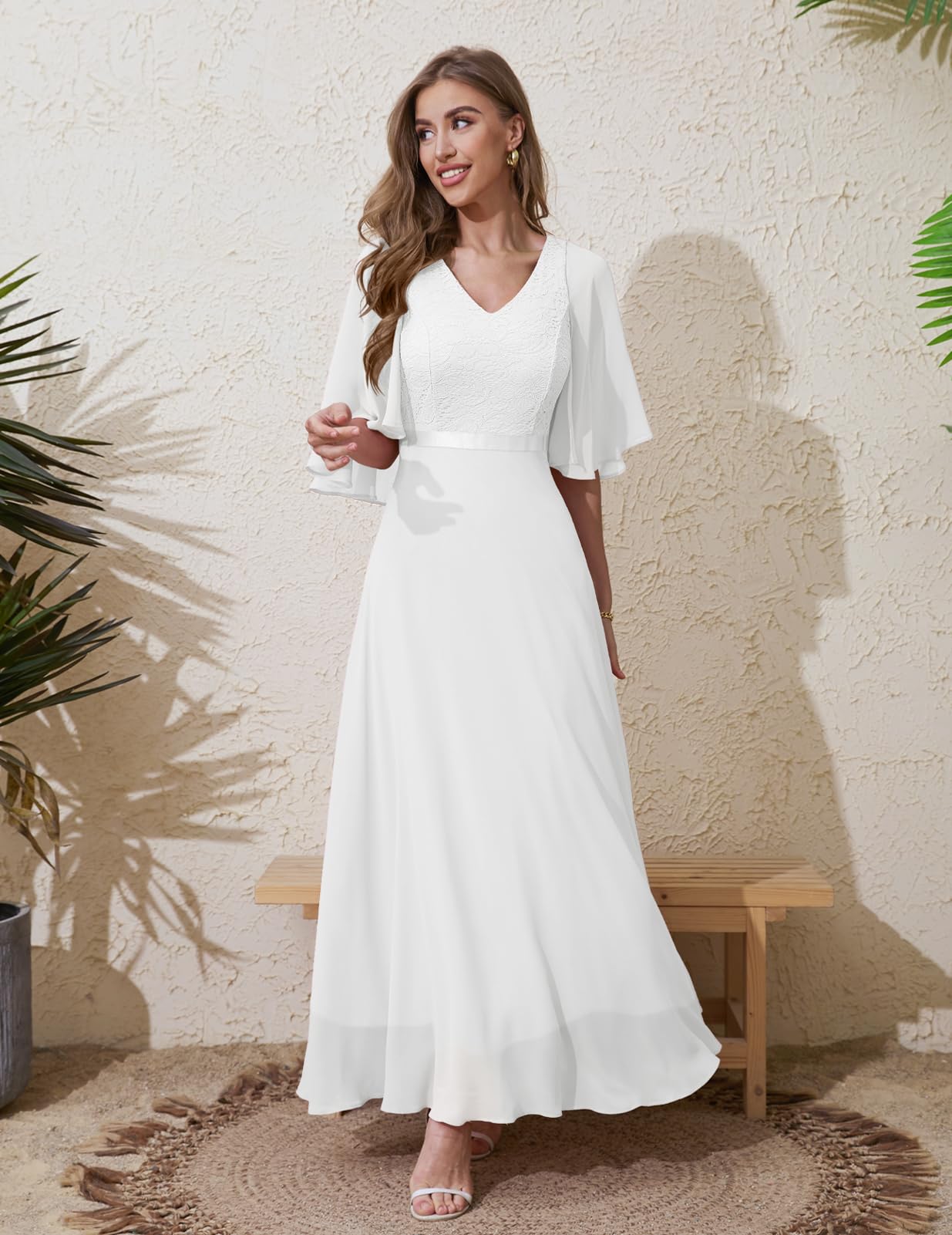 DRESSTELLS Women's Evening Dress Long Elegant for Wedding Dress Cocktail Dress Women Elegant with Sleeves Elastic Waist White L