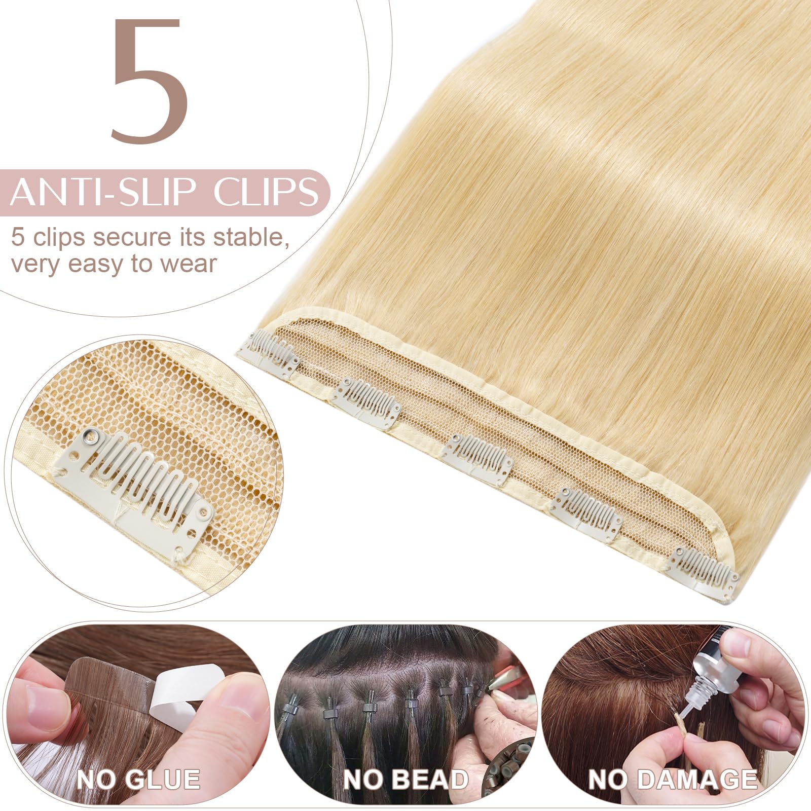 Clip-in Hair Extensions Remy 7A 100% Human Hair Straight – White Brown/Light Blonde 16in (40cm)
