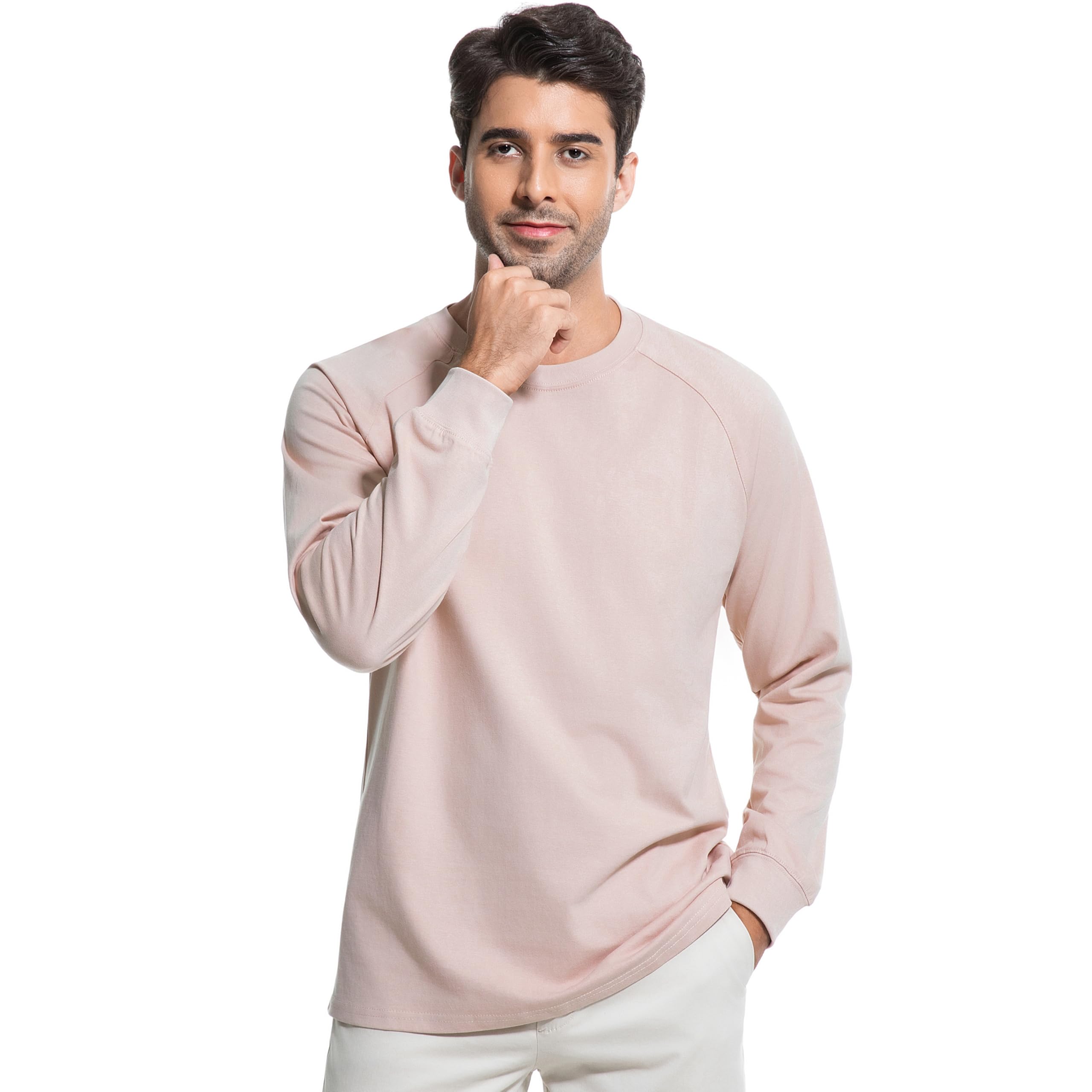 Men’s Long Sleeve Cotton T-Shirt Vintage Heavyweight Casual – Pink 3XL