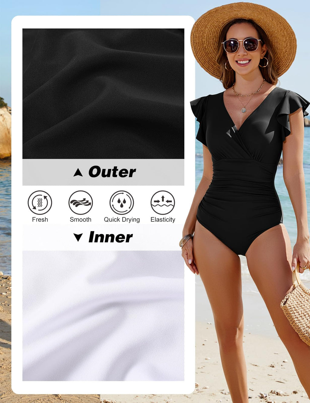 Yuson Girl Women's Swimsuit Ruffle V Neck Tummy Control One Piece Push Up Swimsuit Monokinis Swimwear Shape Swimsuit with Underwire High Waist Swimsuits for Women (Black, XL)