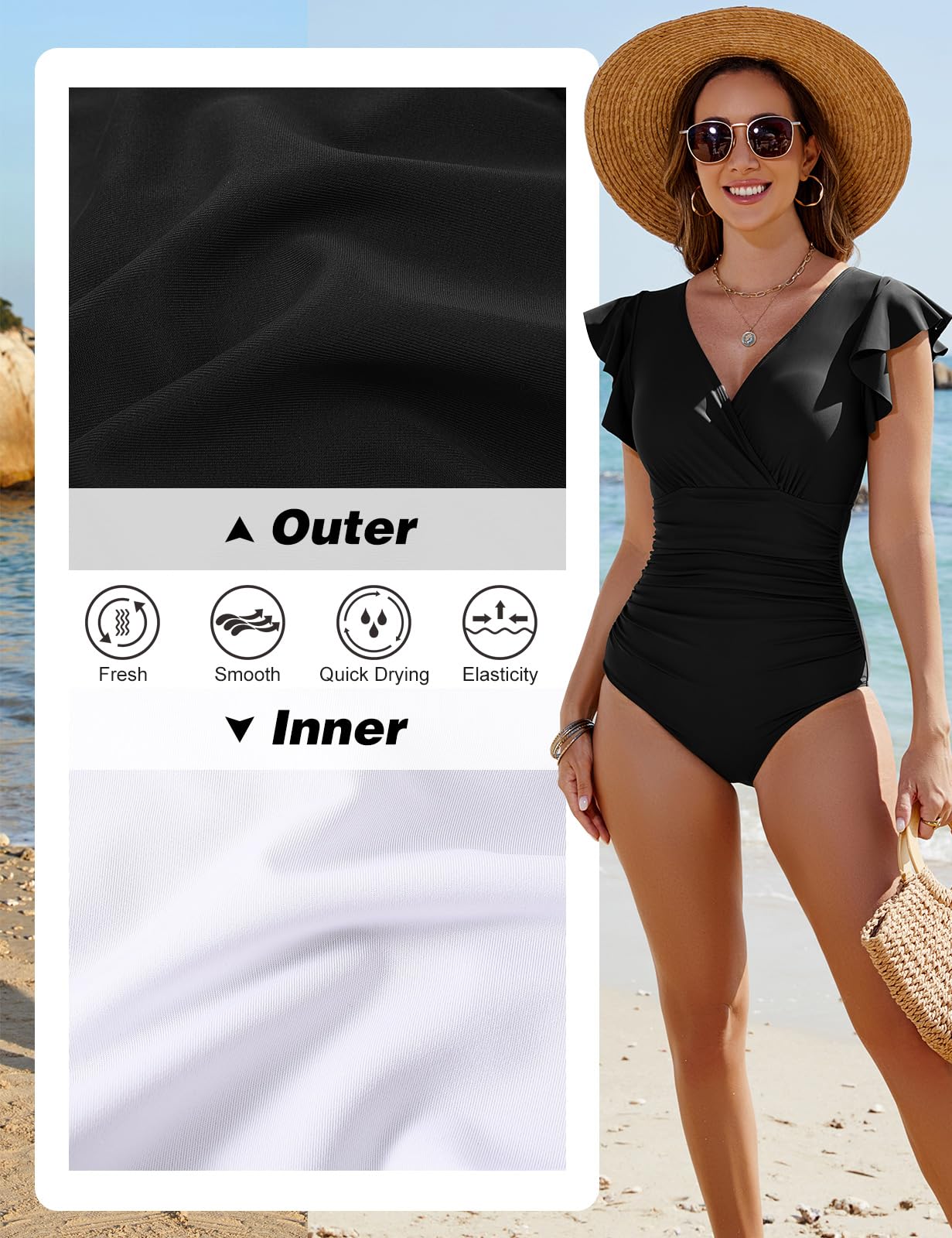 Yuson Girl Women's Swimsuit Ruffle V Neck Tummy Control One Piece Push Up Swimsuit Monokinis Swimwear Shape Swimsuit with Underwire High Waist Swimsuits for Women (Black, XL)