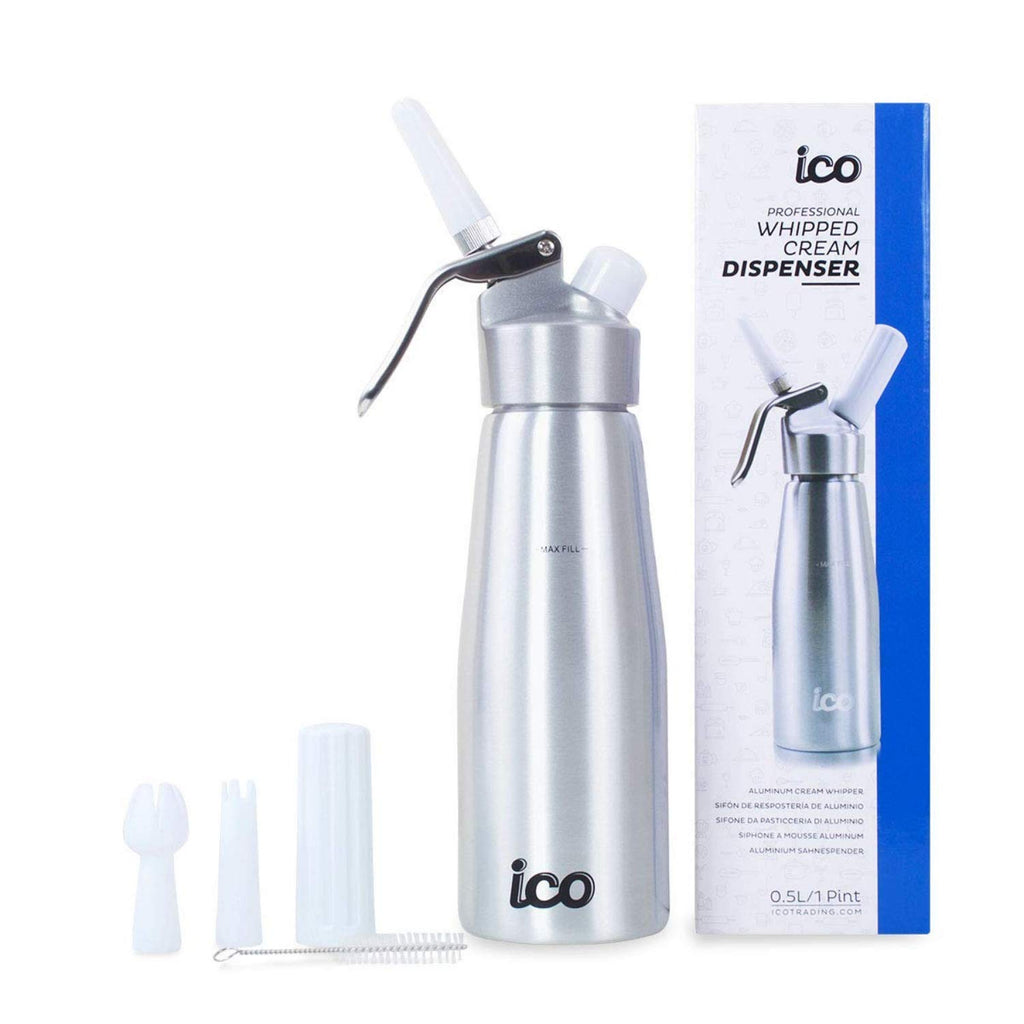 ICO aluminum cream dispenser for homemade whipped cream, cream siphon 500ml for desserts, sauces, mousse and infused oils, use with 8g N2O cream chargers.