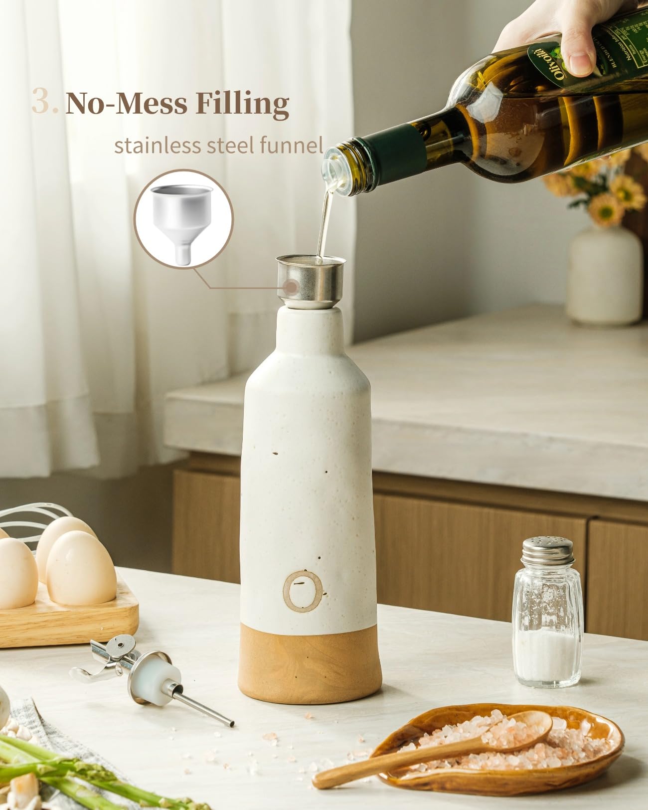 Ceramic Oil & Vinegar Bottles 600ml x2 with Pourers & Funnel – White & Cream