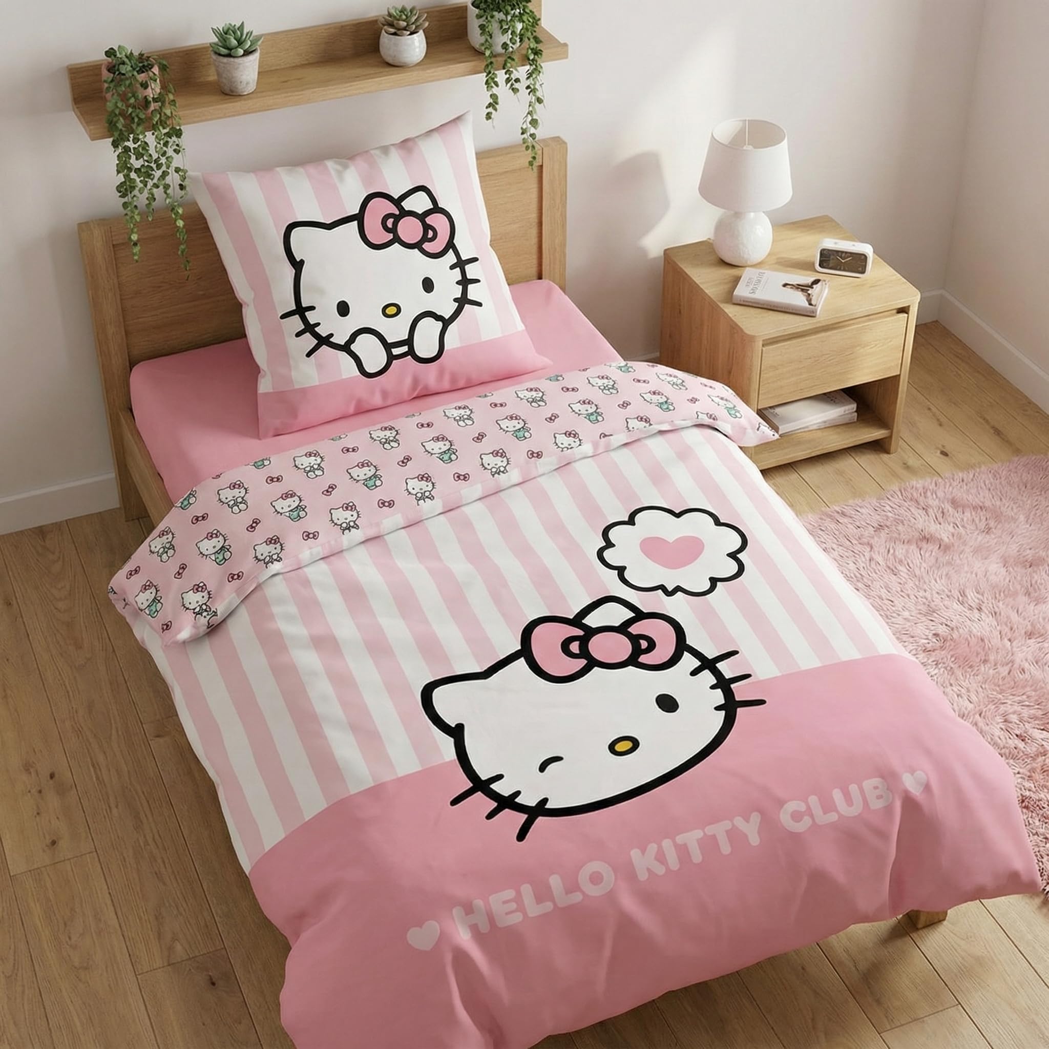 Hello Kitty Duvet Cover Set 100% Cotton 135x200 + 80x80 Heart Striped Design – Pink 135x200
