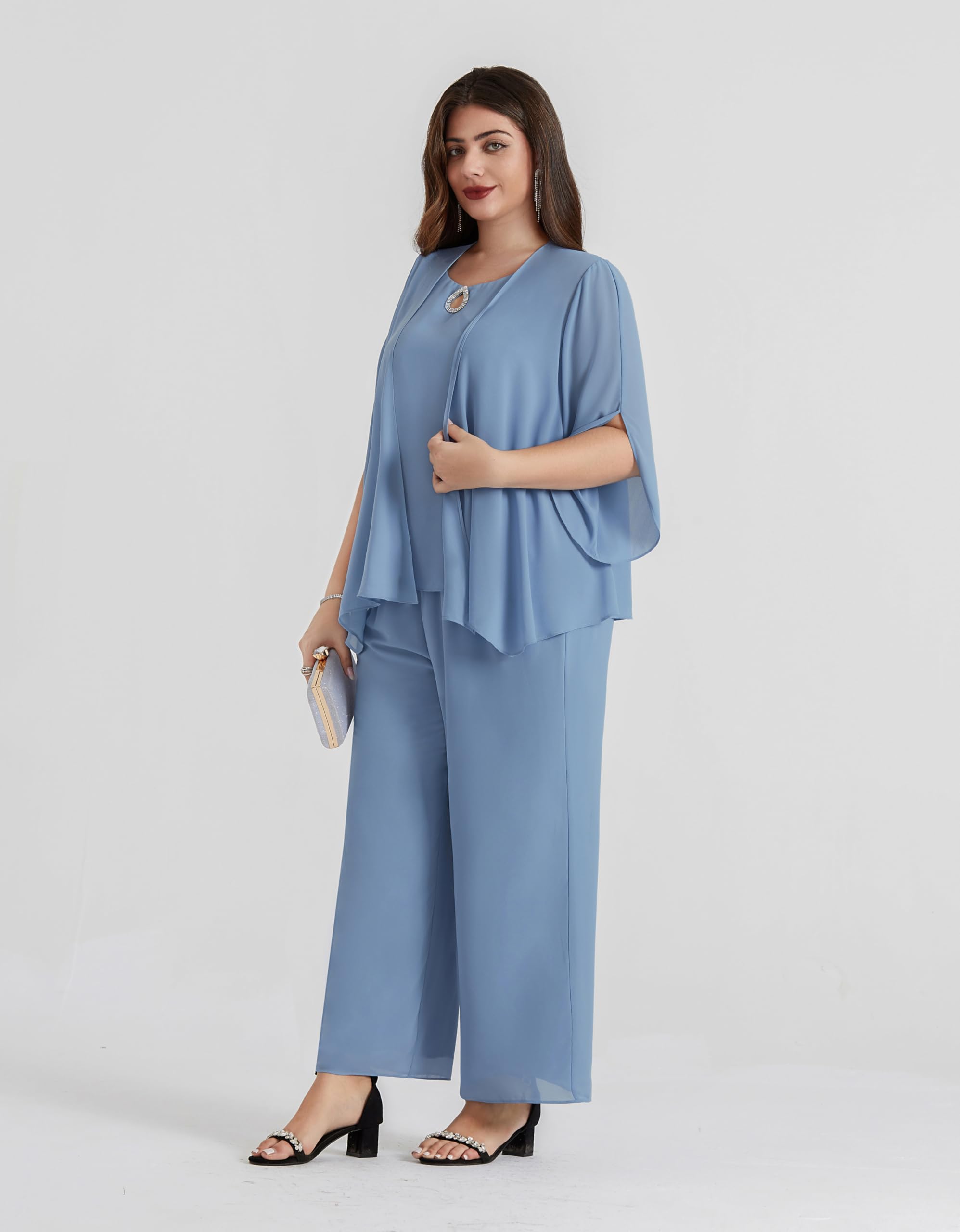 Plus Size Women's Trouser Suit 3 Piece Elegant Outfit with Chiffon Shirt – Gray Blue 52