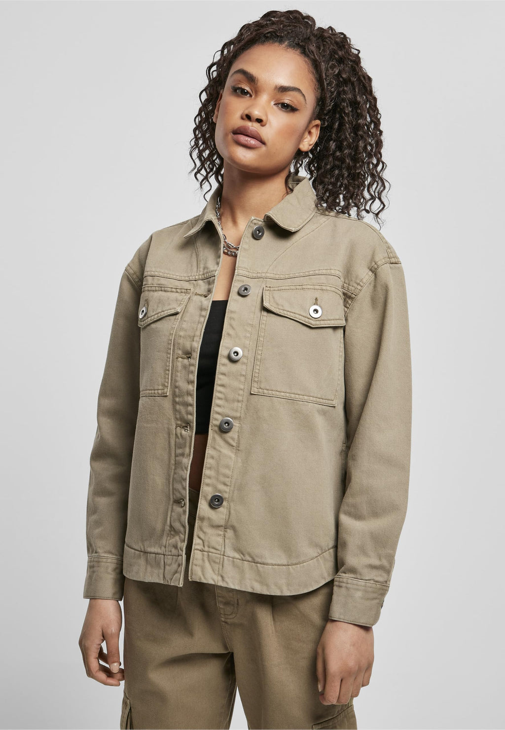 Urban Classics Damen Oversized Shirt Jacket – Khaki, 100 % Baumwolle Größe: M