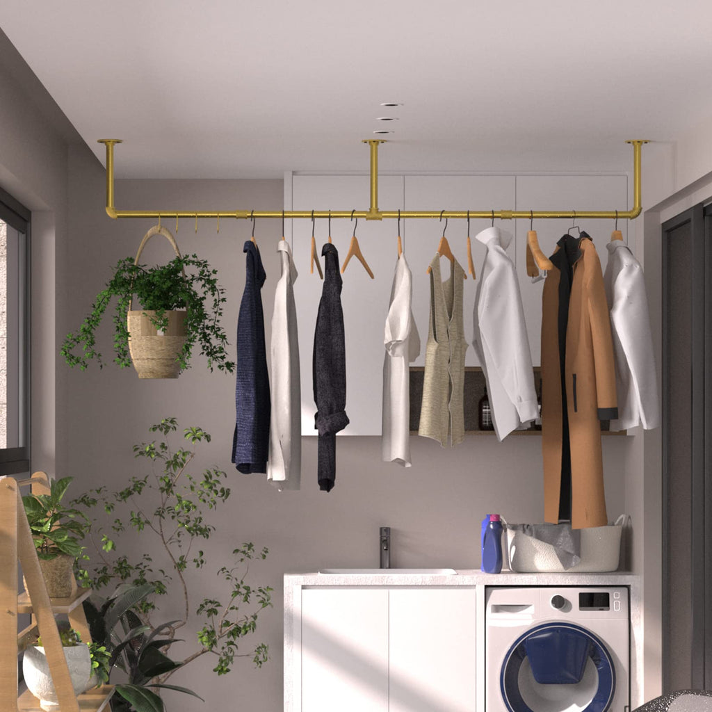 unho Wall Mounted Clothes Rail, Industrial Style Pipe Clothes Rack Wall Mounted, Wall Mounted Wardrobe for Bedroom Living Room (3 Bases), Gold