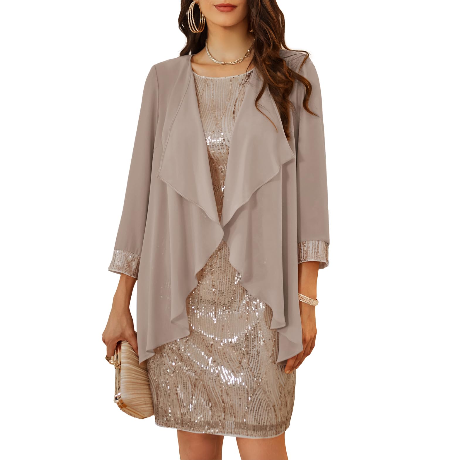 Women's Sleeveless Sequin Party Dress Round Neck Evening Cocktail – Khaki XL