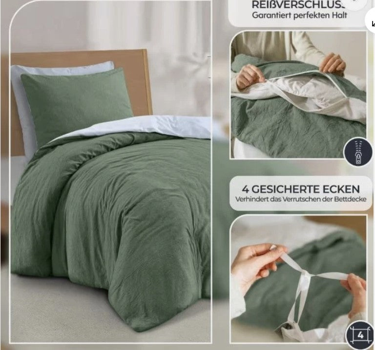 Bettbezug-Set 135x200cm gewaschener Leinen-Effekt Baumwolle mit Reißverschluss