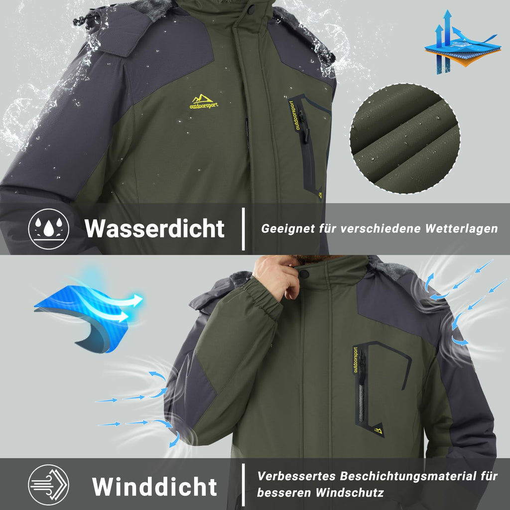 Men’s Wool Waterproof Jacket Thermal Winter Ski Coat – Military Green 2XL