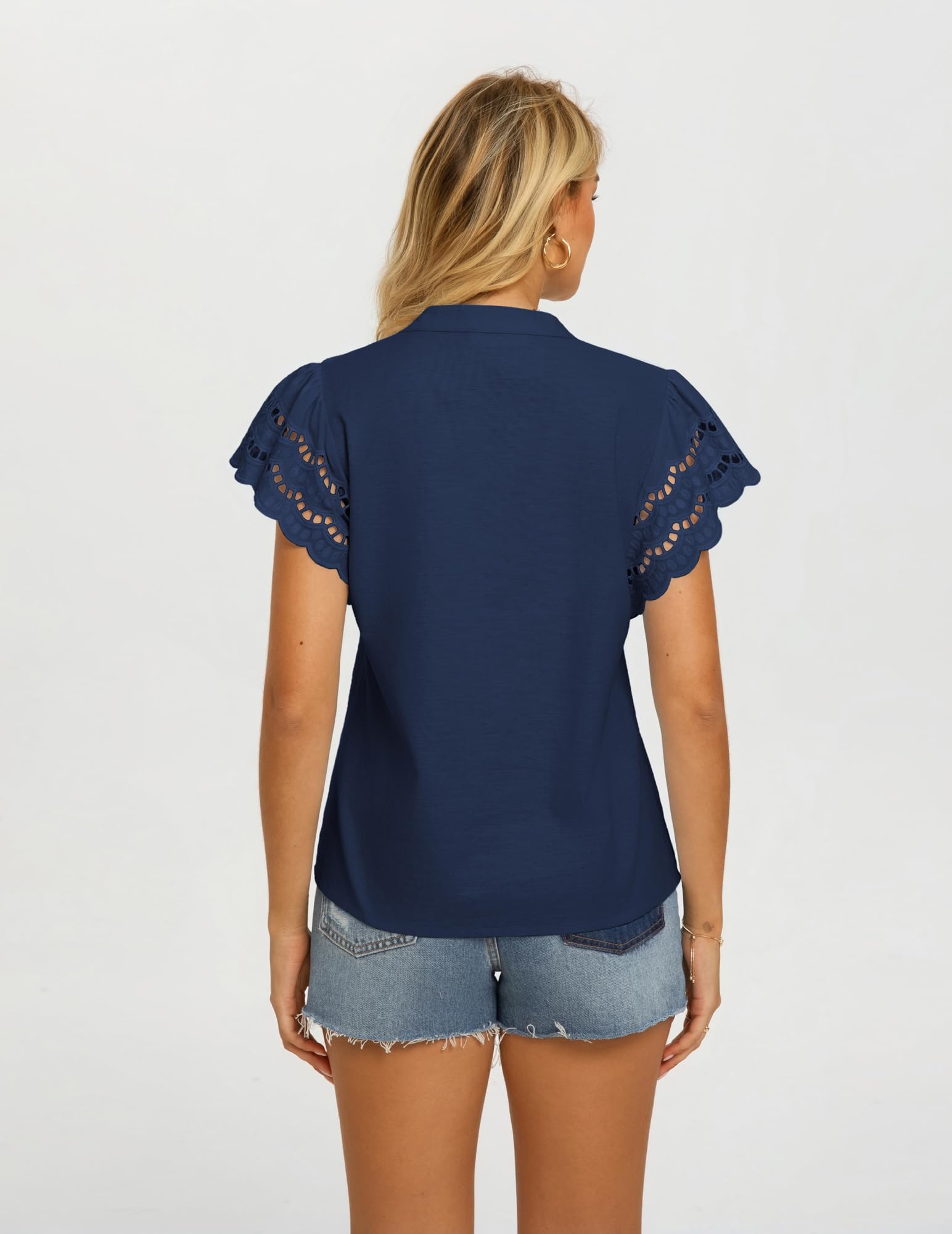 Women's Summer V-Neck Cotton-Linen Blouse Short Sleeve Hollow-Out Loose Fit – Dark Blue M