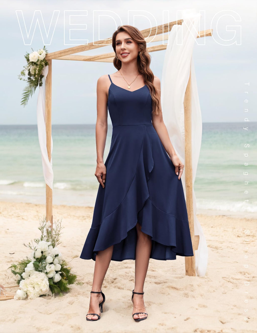DRESSTELLS Cocktail Dress Women's Festive Straps High Low Dresses for Wedding Dark Blue Knee-Length Ruffle Hem Summer Dress Backless Curvy Elegant Party Dress Navy XL