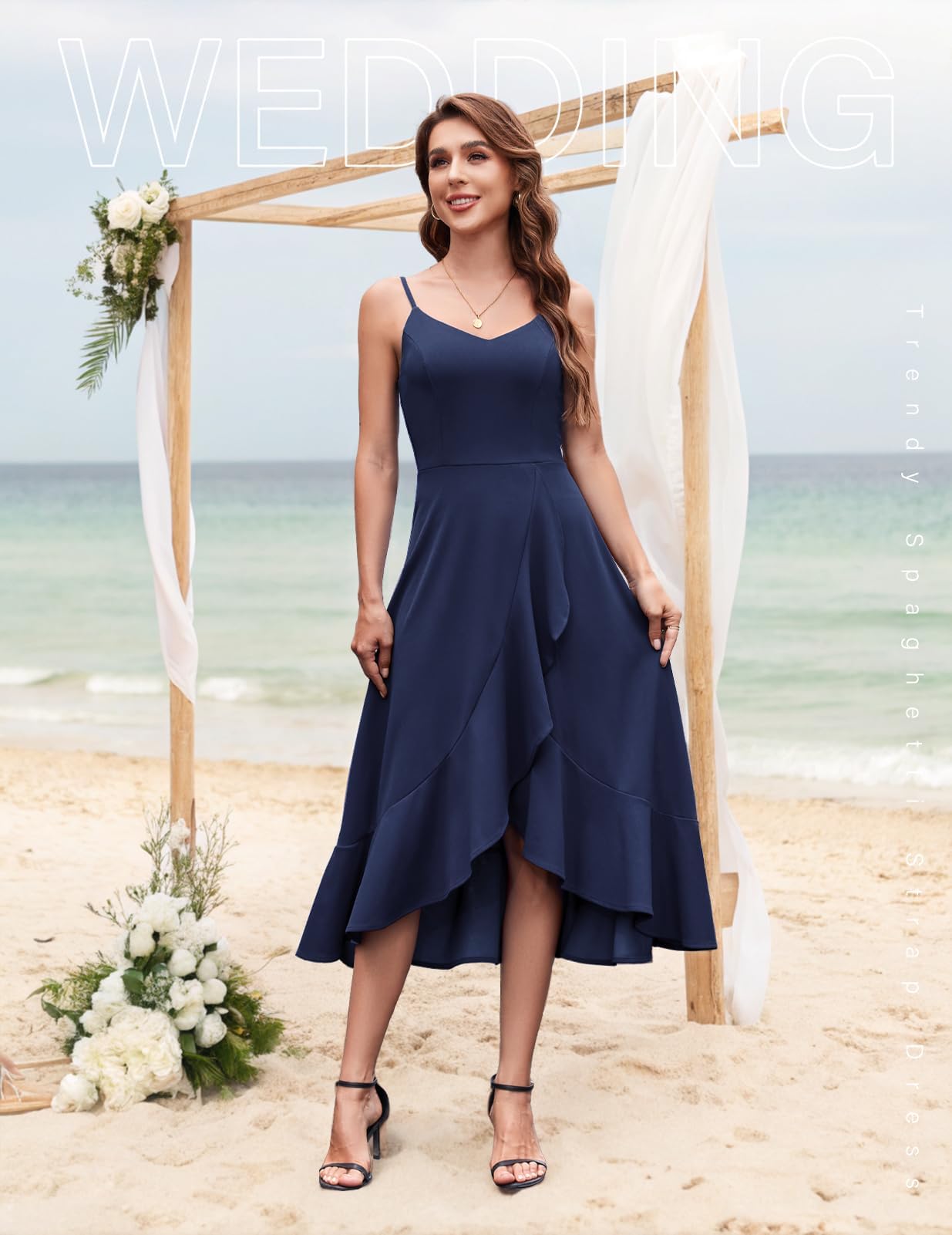 DRESSTELLS Cocktail Dress Women's Festive Straps High Low Dresses for Wedding Dark Blue Knee-Length Ruffle Hem Summer Dress Backless Curvy Elegant Party Dress Navy XL