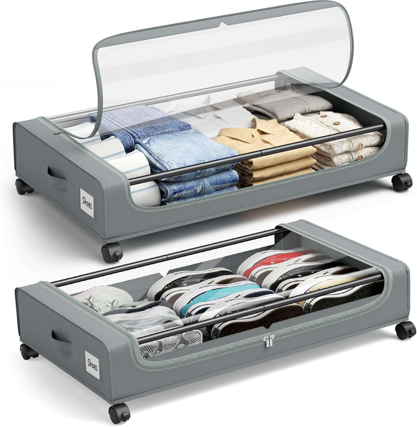 Underbed Storage Box with Wheels – 2 Pack Grey Fabric & Metal 74x42x16cm