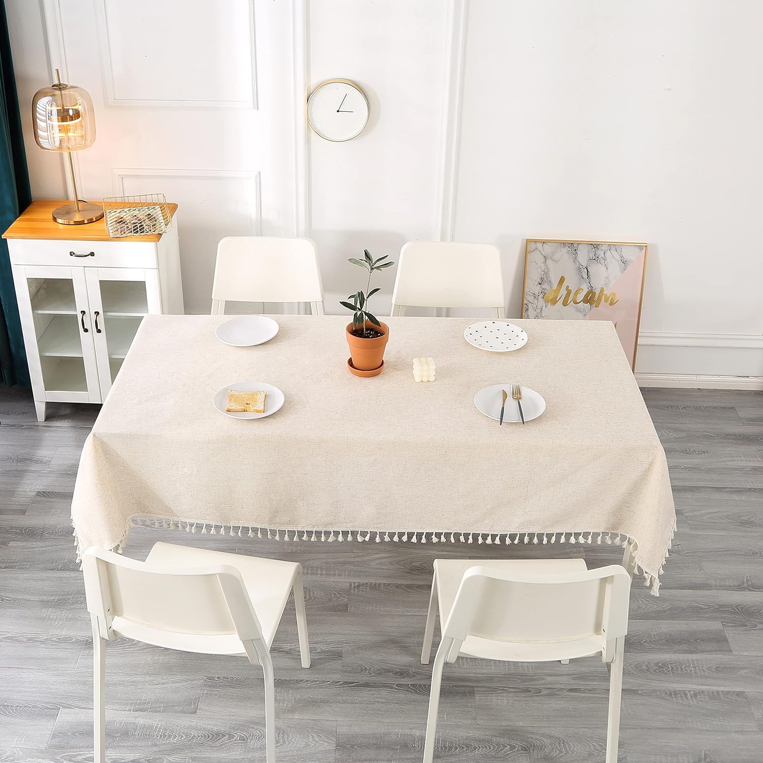 SUCHDECO Beige Tablecloth Large Linen Rectangular Tablecloth Washable Linen Tablecloth Garden Tablecloth for Birthday Party Wedding Beer Table with Tassel Table Linen, 140 x 300 cm