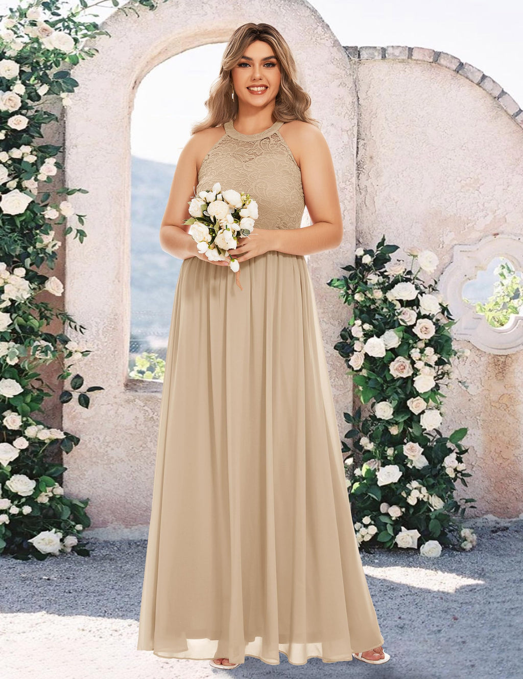Halter Lace Chiffon Evening Dress Long Formal Wedding Cocktail – Champagne 2XL