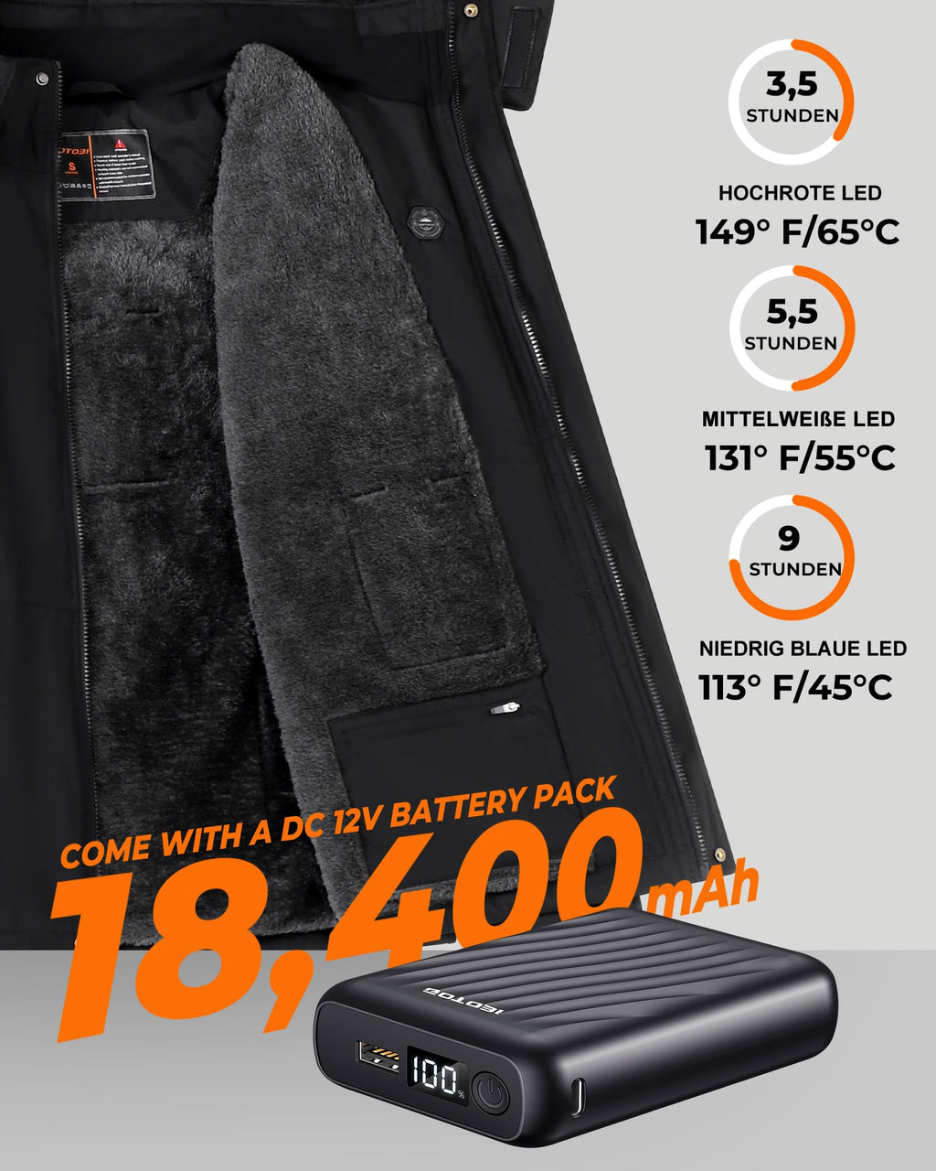 Heated Jacket with 18400mAh Power Bank 8-Zone 3 Temp Levels Smart Control – Black XXL