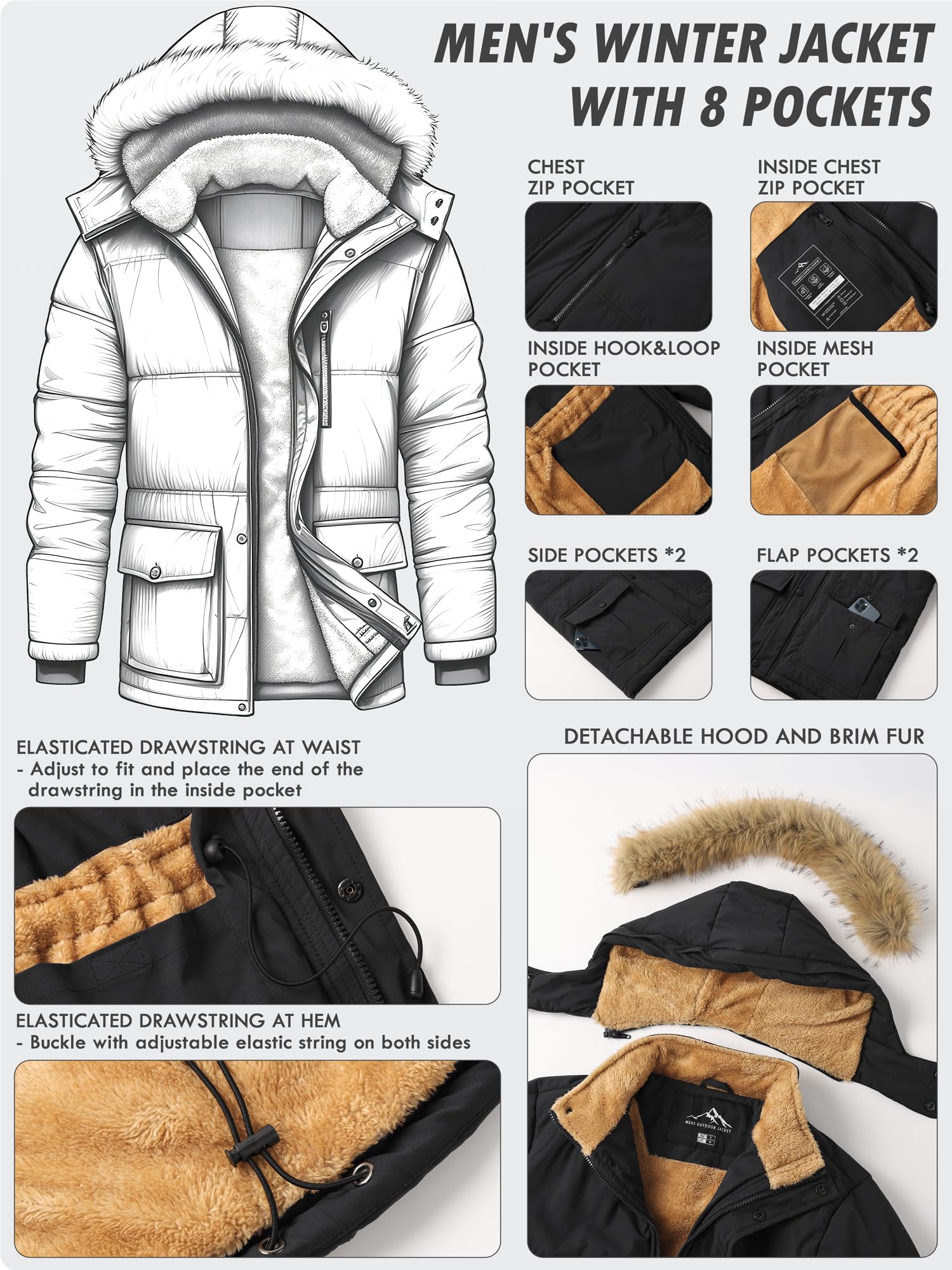 Men's Waterproof Winter Jacket Casual Long Parka with Detachable Hood – Dark Grey XL