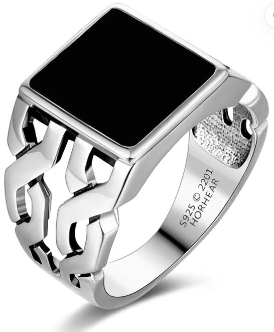 Herren Sterling-Silber Ring 925 quadratischer schwarzer Onyx