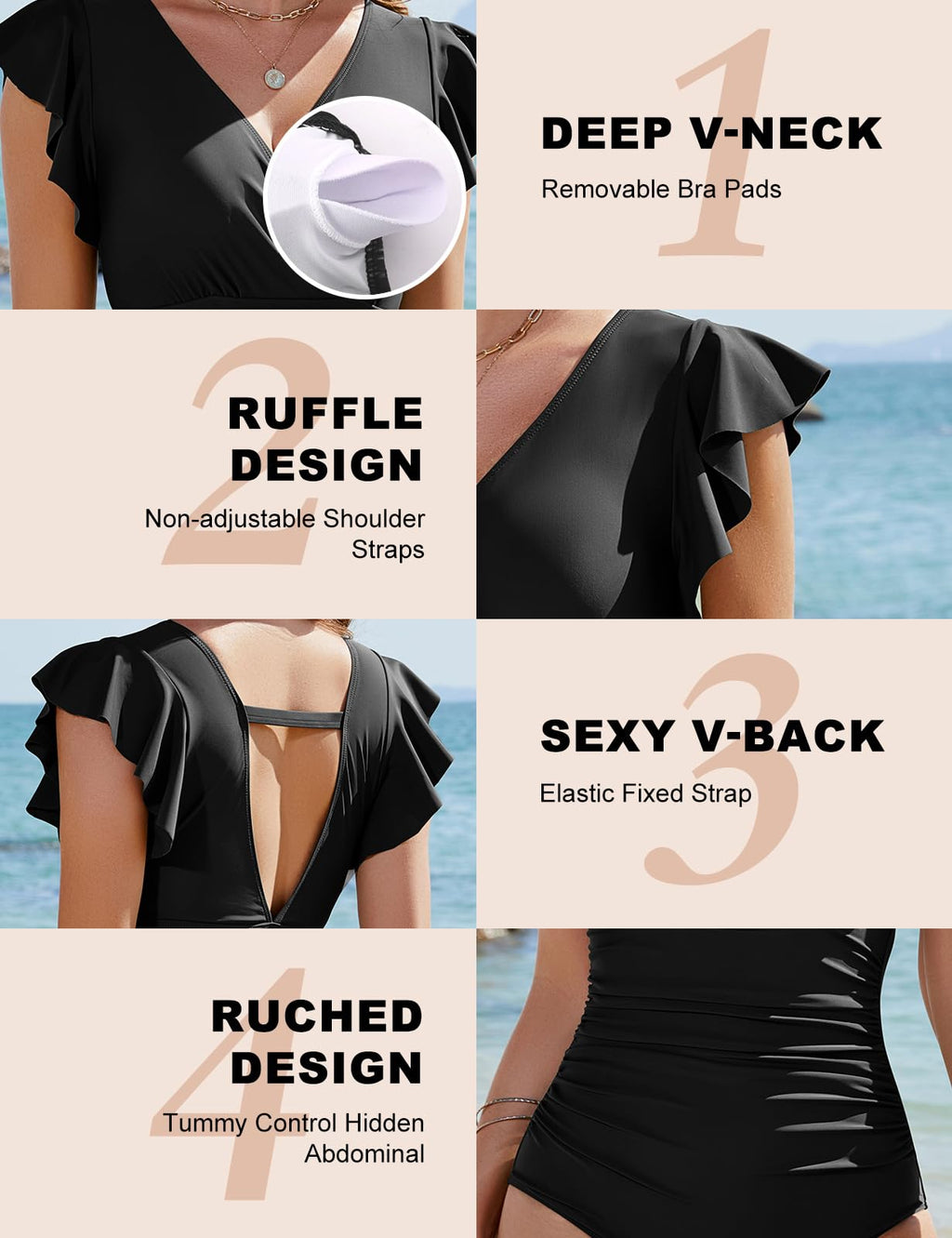 Yuson Girl Women's Swimsuit Ruffle V Neck Tummy Control One Piece Push Up Swimsuit Monokinis Swimwear Shape Swimsuit with Underwire High Waist Swimsuits for Women (Black, XL)