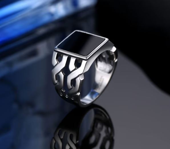 Herren Sterling-Silber Ring 925 quadratischer schwarzer Onyx