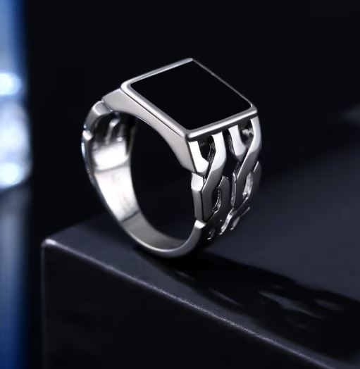 Herren Sterling-Silber Ring 925 quadratischer schwarzer Onyx