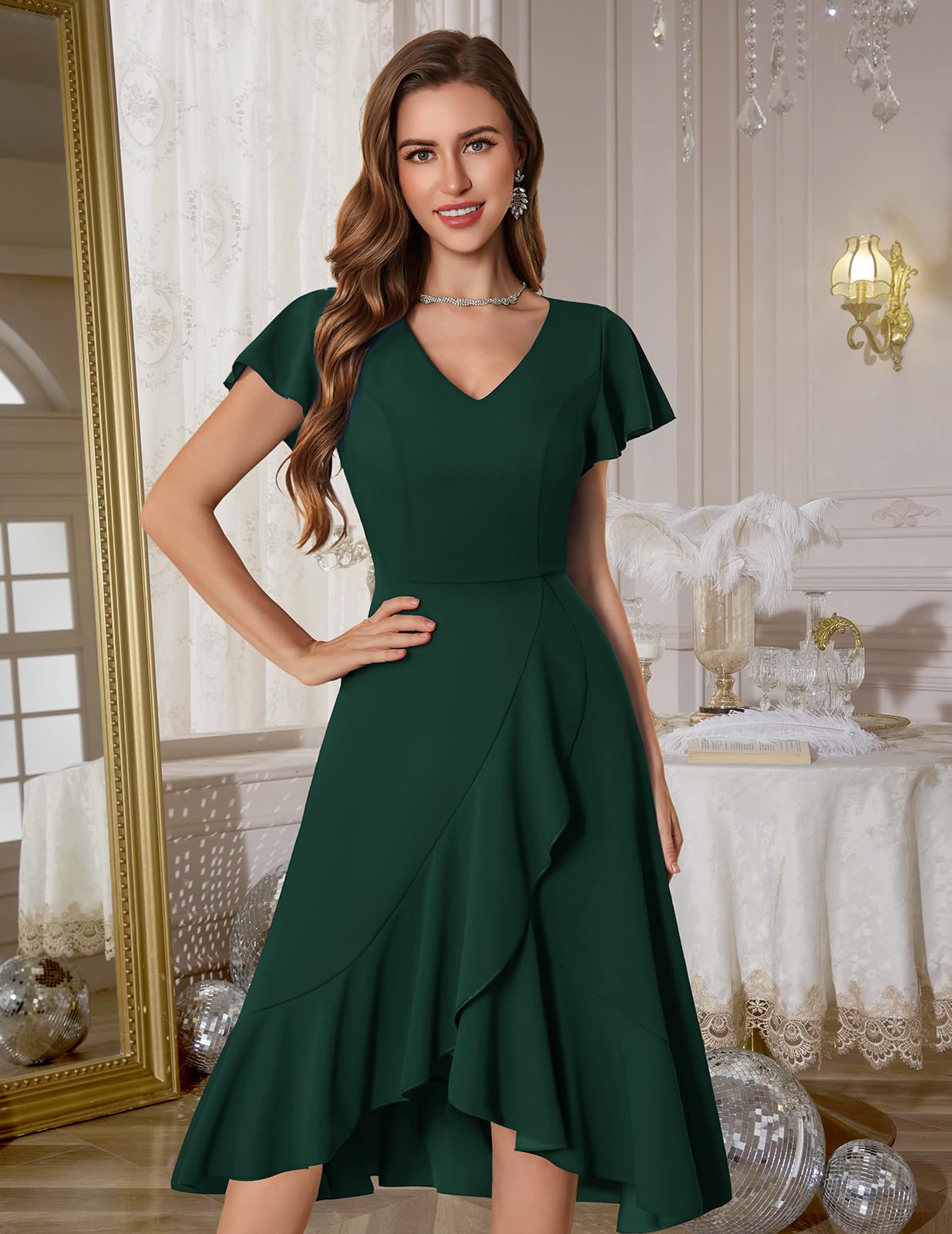 Women's Cocktail Dress Knee-Length V-Neck Ruffle Vintage – Dark Green M