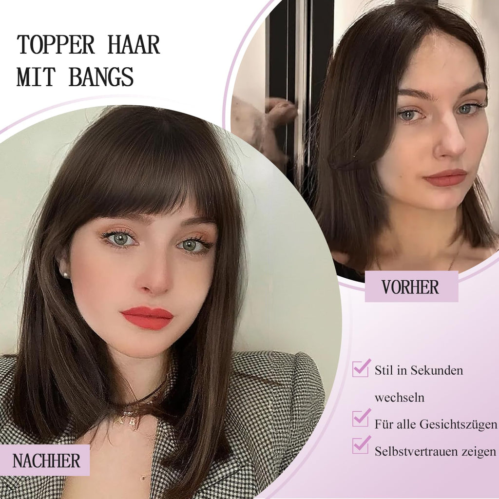 Human Hair Topper with Bangs 360° Hand-sewn 3D Coverage Natural Look – Medium Brown/Blonde