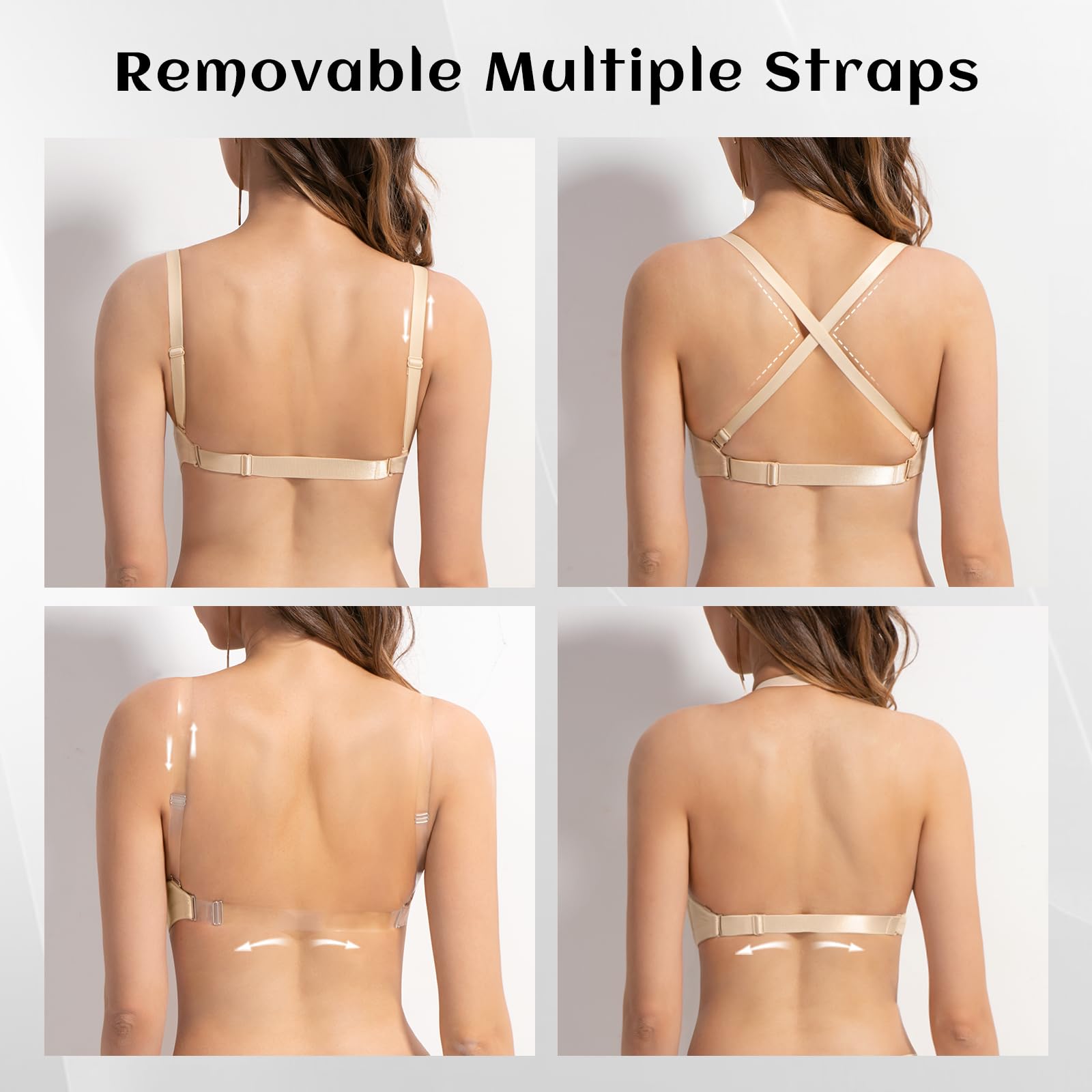 Women's Deep V Push Up Bra Backless Transparent Straps – Nude 38B
