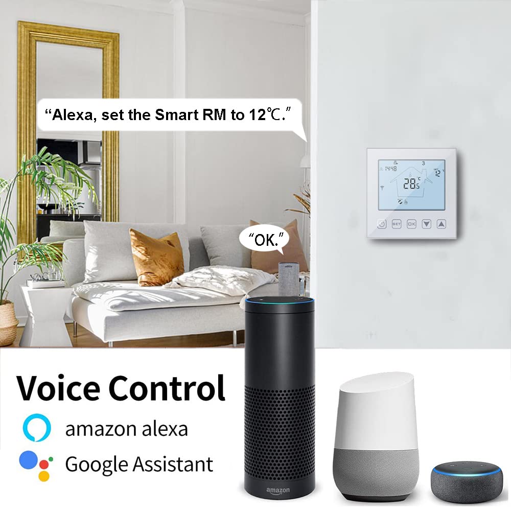 KETOTEK Smart Thermostat Underfloor Heating Electric WiFi 16A Compatible with Alexa, Digital Room Thermostat Underfloor Heating WLAN APP Control with Sensor White