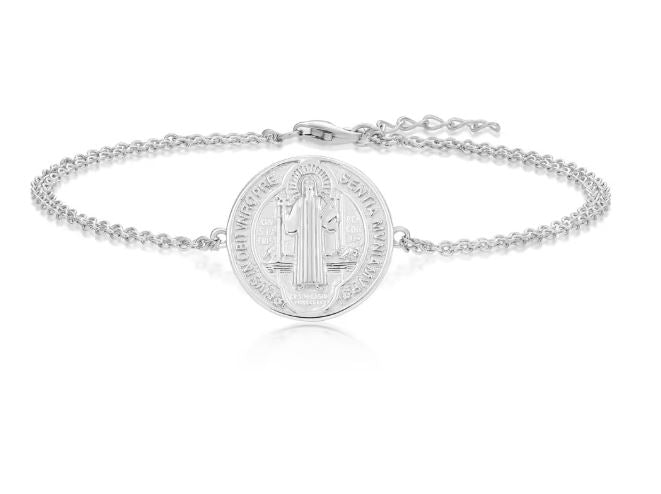 Heiliger Benedikt 925 Sterlingsilber Talisman Armband Runde Münze Antiquiert – Silber