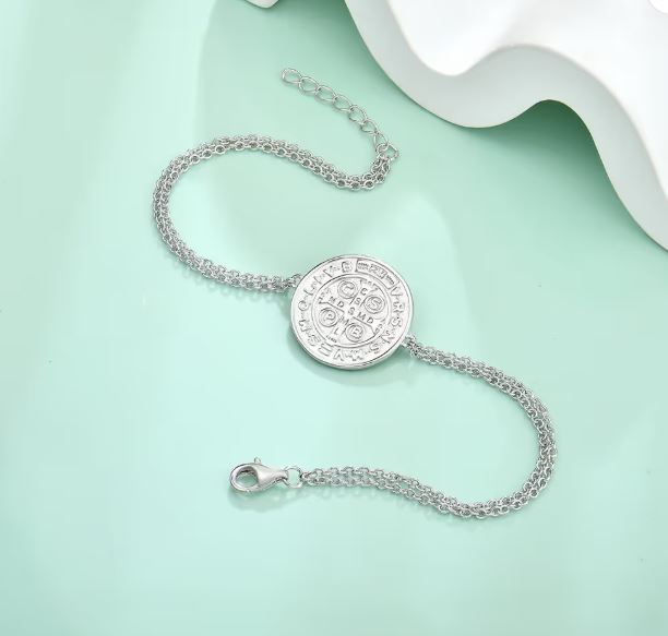 Heiliger Benedikt 925 Sterlingsilber Talisman Armband Runde Münze Antiquiert – Silber