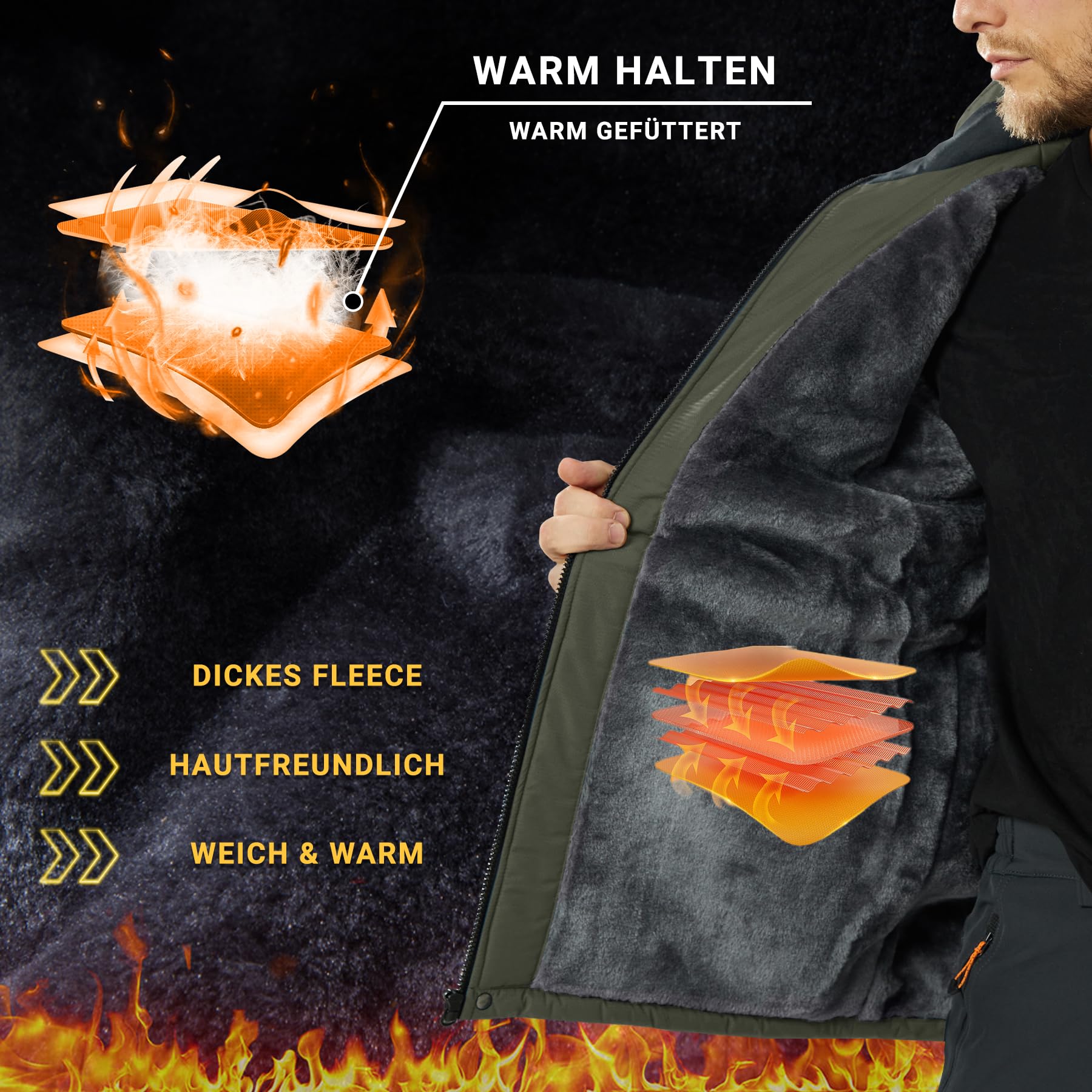 Men’s Wool Waterproof Jacket Thermal Winter Ski Coat – Military Green 2XL