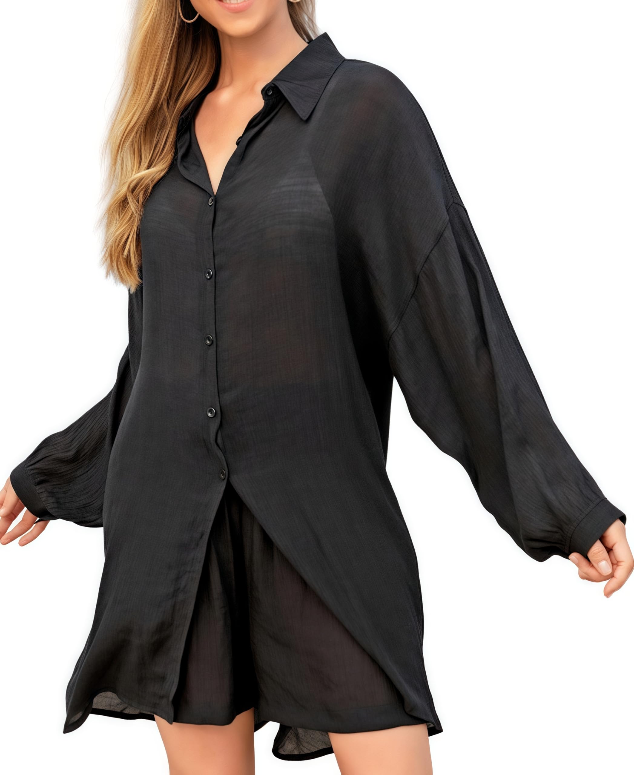 Women’s Beach Cover-Up V-Neck Sheer Beach Dress Poncho – Long