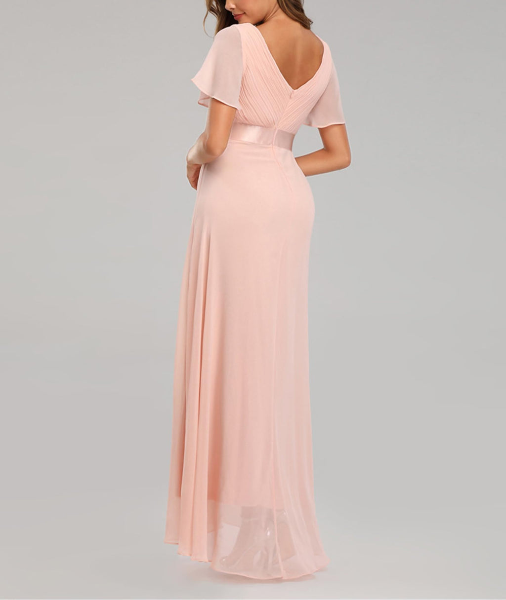 Women's Evening Dress V-Neck High Waist A-Line Chiffon – Pink 2XL