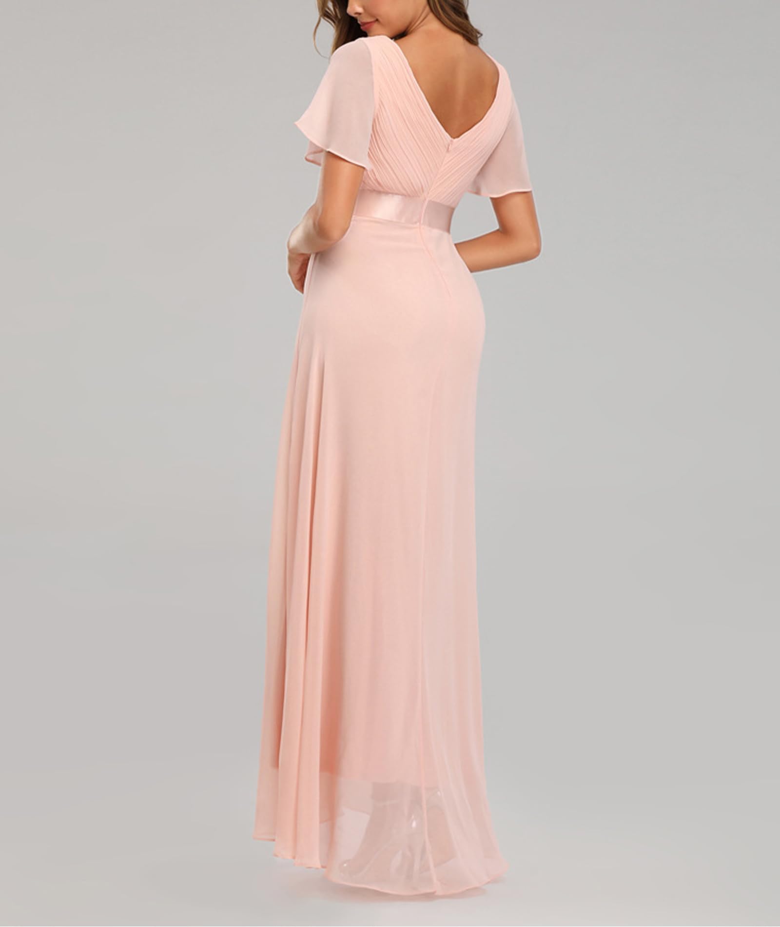Women's Evening Dress V-Neck High Waist A-Line Chiffon – Pink 2XL