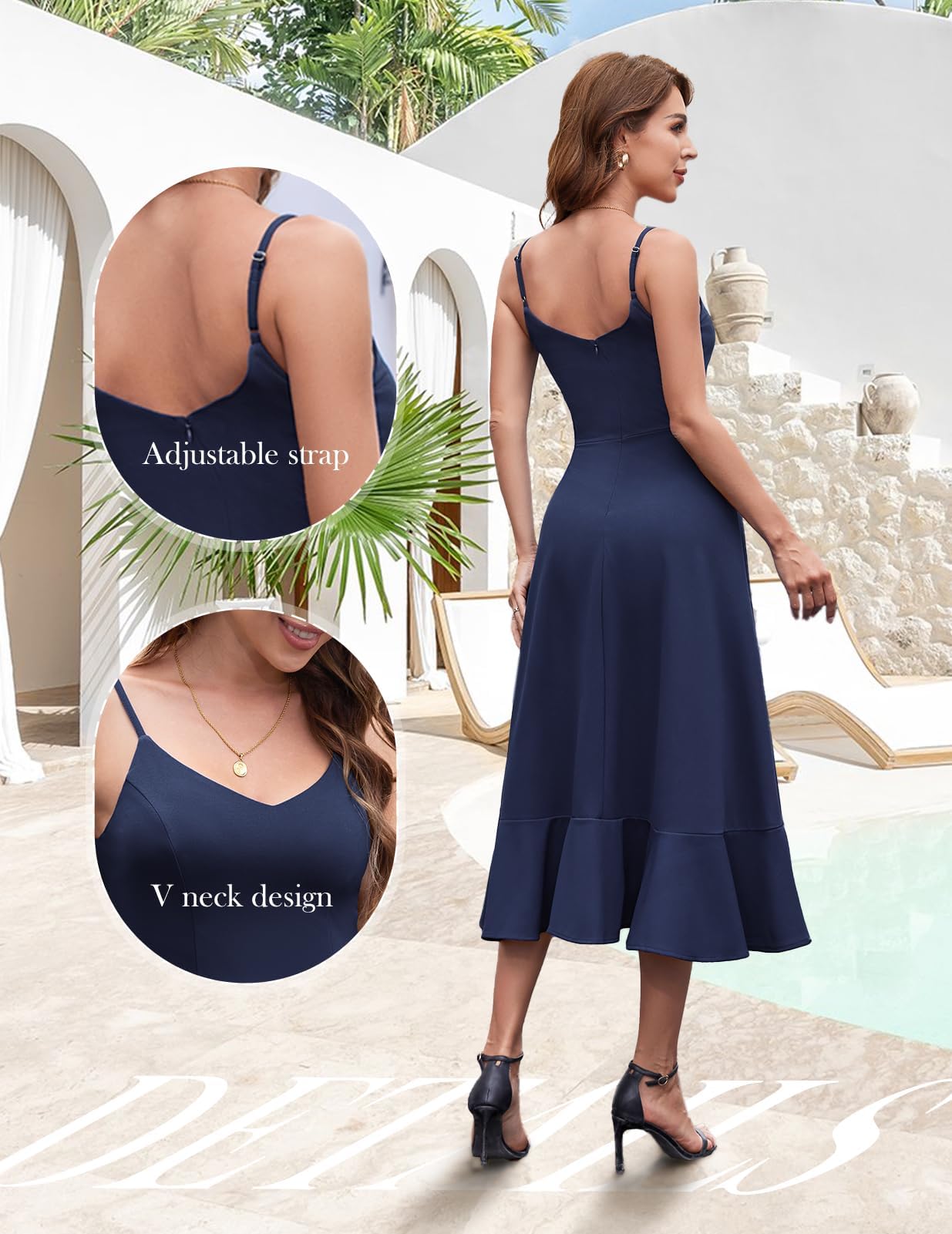 DRESSTELLS Cocktail Dress Women's Festive Straps High Low Dresses for Wedding Dark Blue Knee-Length Ruffle Hem Summer Dress Backless Curvy Elegant Party Dress Navy XL
