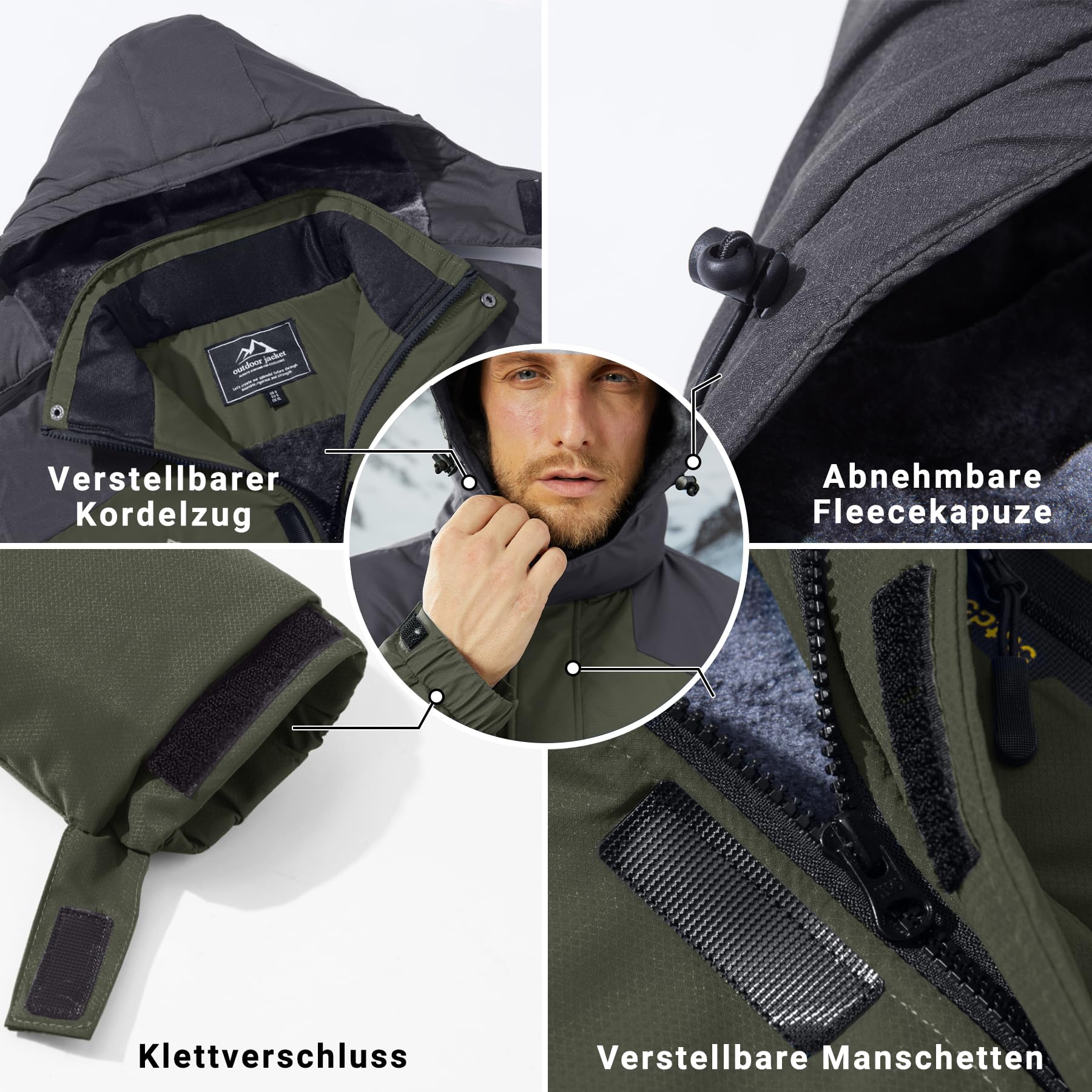 Men’s Wool Waterproof Jacket Thermal Winter Ski Coat – Military Green 2XL