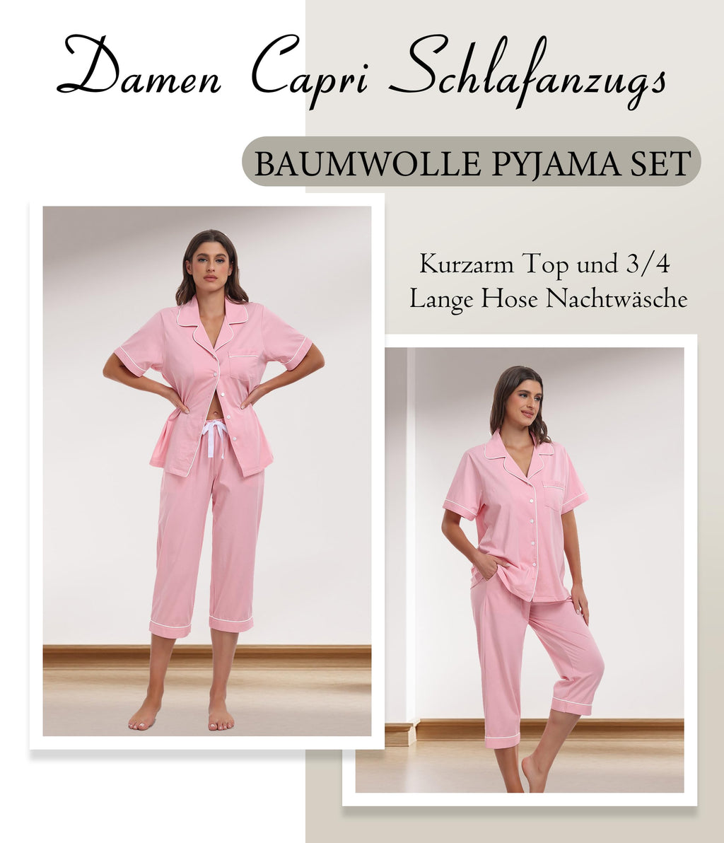 Women's 3/4-Length Cotton Pyjama Set Short Sleeve Button Top Capri – Pink M