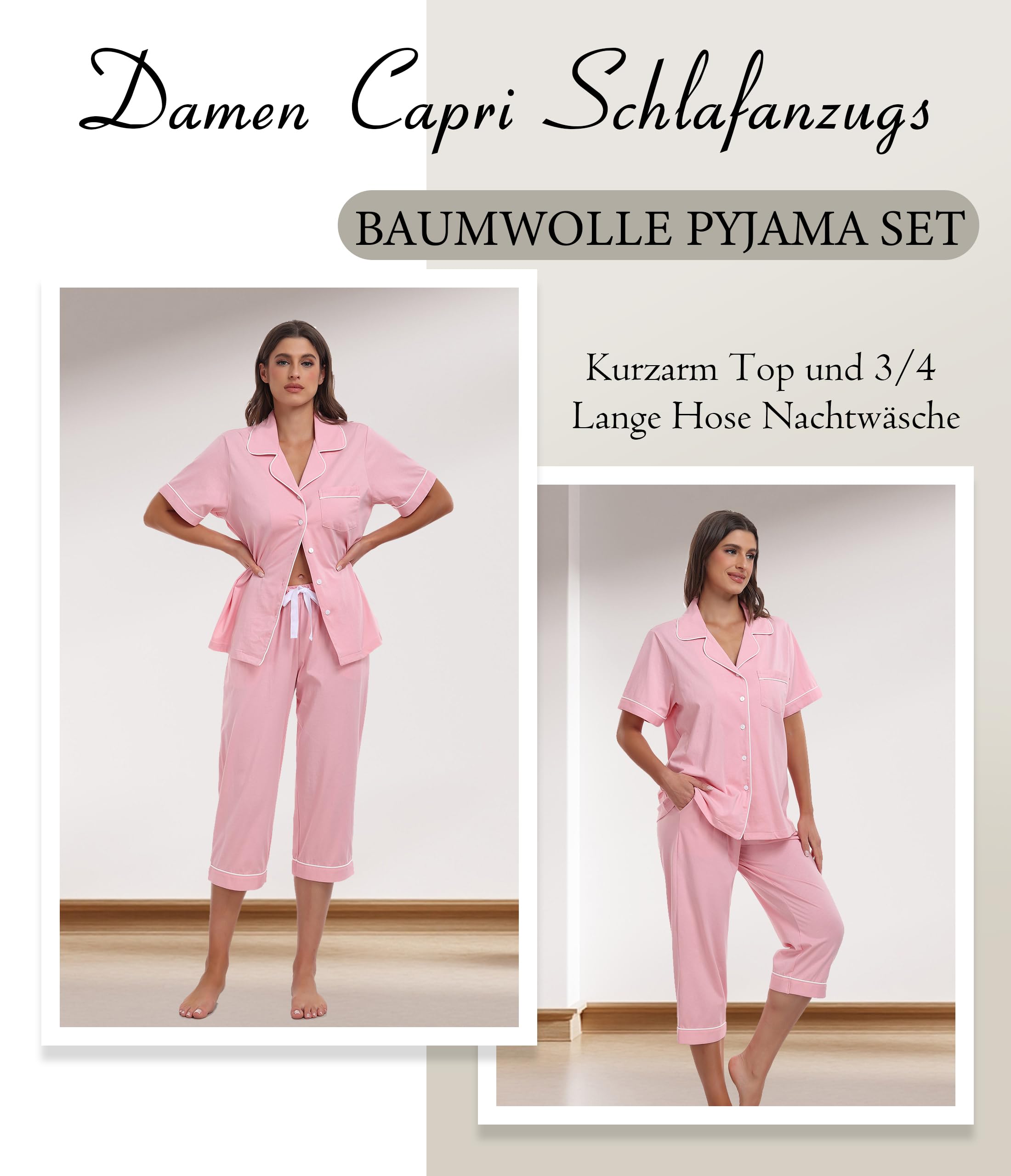 Women's 3/4-Length Cotton Pyjama Set Short Sleeve Button Top Capri – Pink M