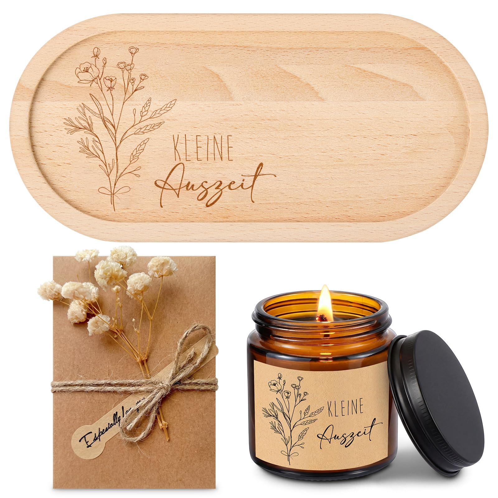 Jasmine Scented Soy Candle in Glass Jar with Engraved Wooden Tray – Gift Set