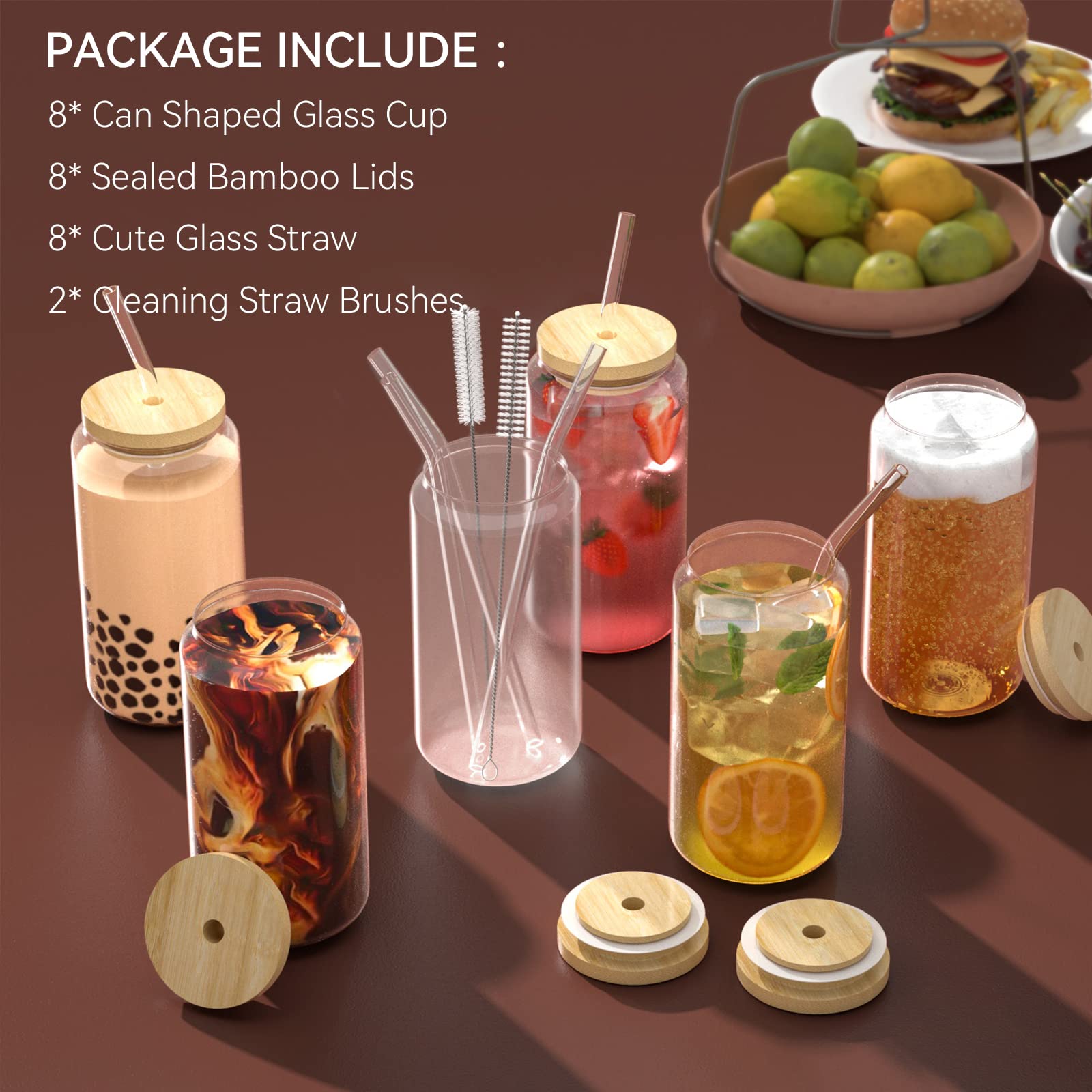 FINEW [Set of 8] Drinking Cups with Lid and Straw Glass, Set of 8 Cocktail Glasses, 16oz/450ml Iced Coffee Glasses, Long Drink Glass with 2 Cleaning Brushes for Bubble Tea, Whiskey, Cocktail, Beer Glasses
