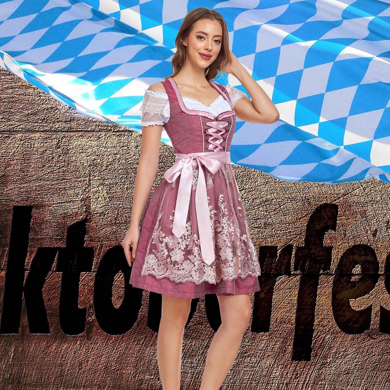 Women's Midi Dirndl Dress Lace 3-Piece Set Blouse & Apron – Wine Red Size 38