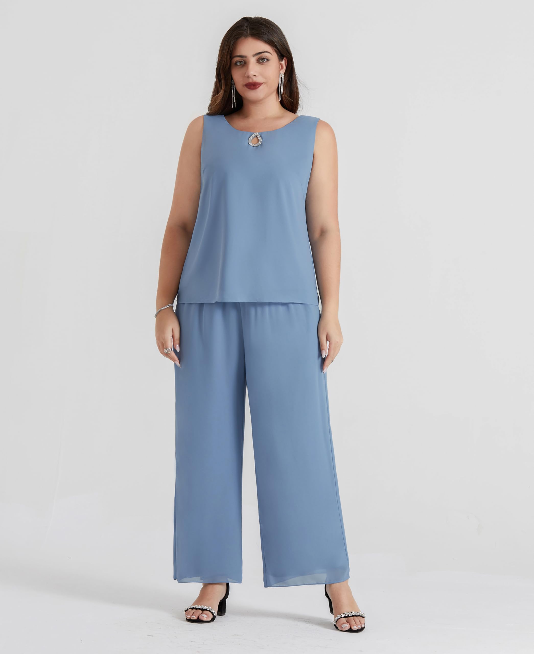 Plus Size Women's Trouser Suit 3 Piece Elegant Outfit with Chiffon Shirt – Gray Blue 52