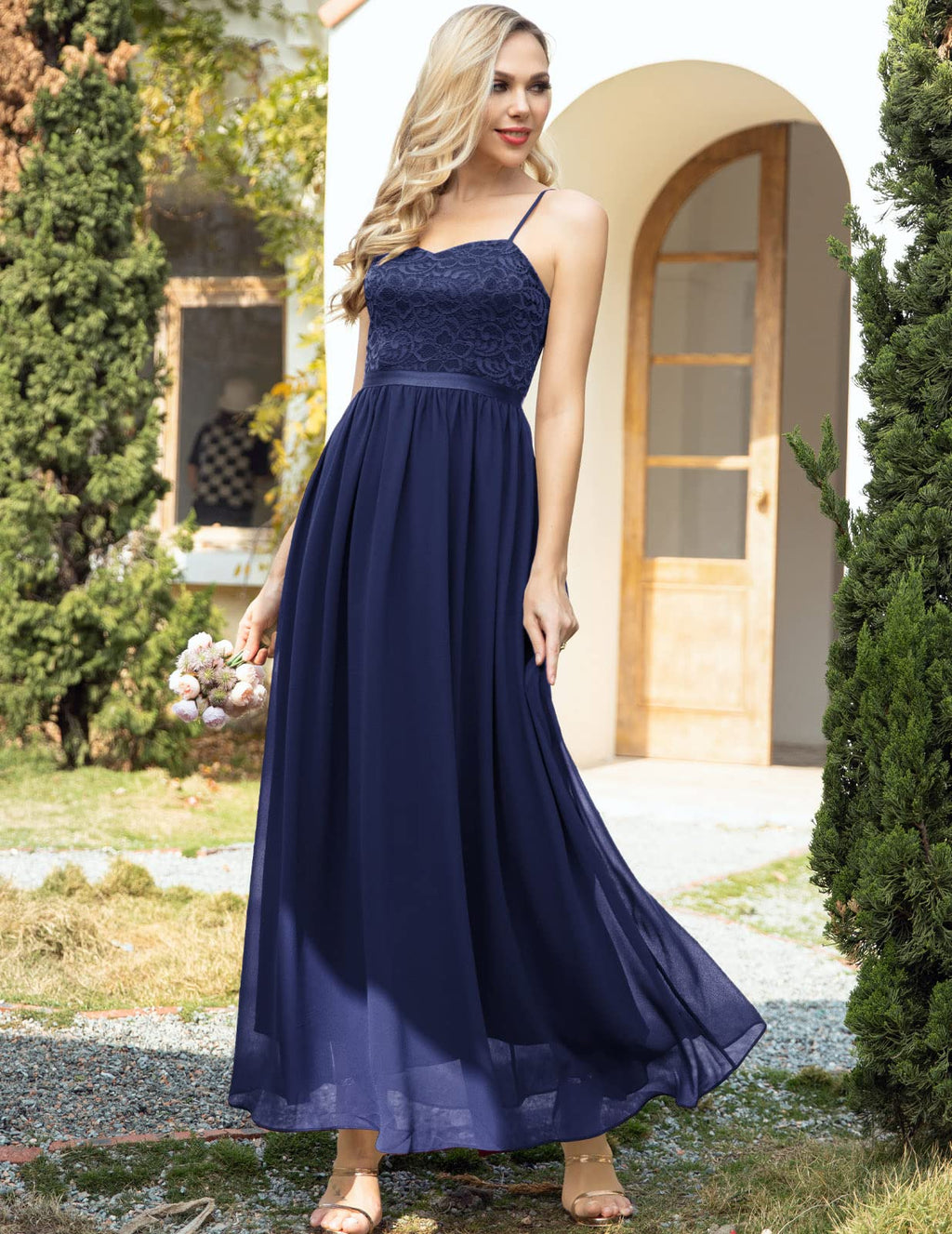 DRESSTELLS Women's Ball Gown Maxi Long Evening Dresses Chiffon Lace Bridesmaid Dresses Floor Length Cocktail Dress with Spaghetti Straps Confirmation Dress Navy L