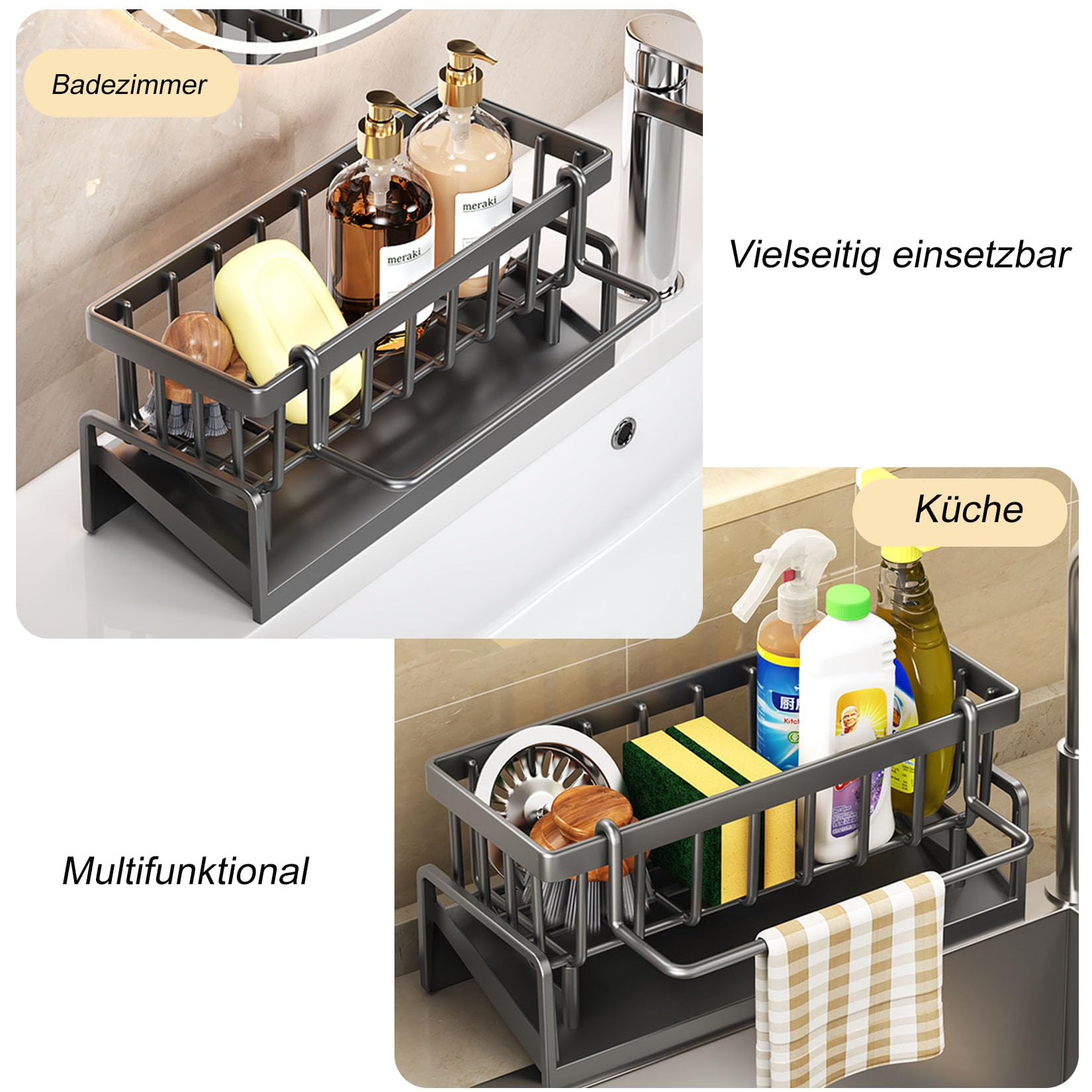 ViWaVee Stainless Steel Kitchen Sink Organizer with Self-Draining Drain Tray, Suitable for Sponge Holder, Towel Holder, Rag Holder, Super Kitchen and Bathroom Accessories (Black).